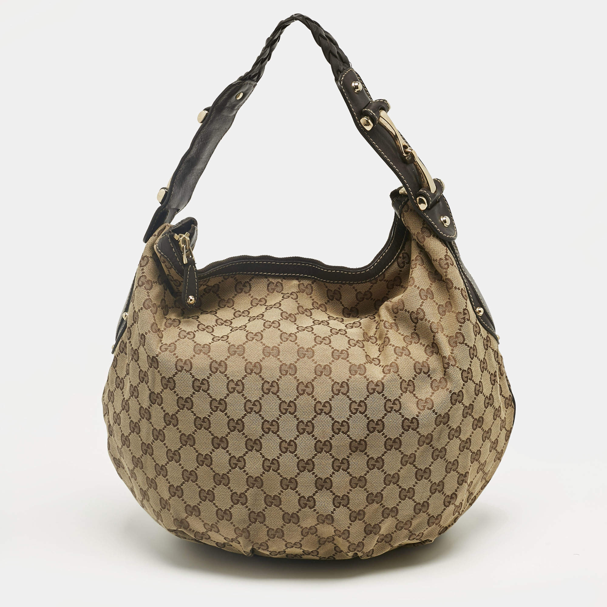 Pre Owned Gucci Beige/Brown GG Canvas and Leather Pelham Hobo