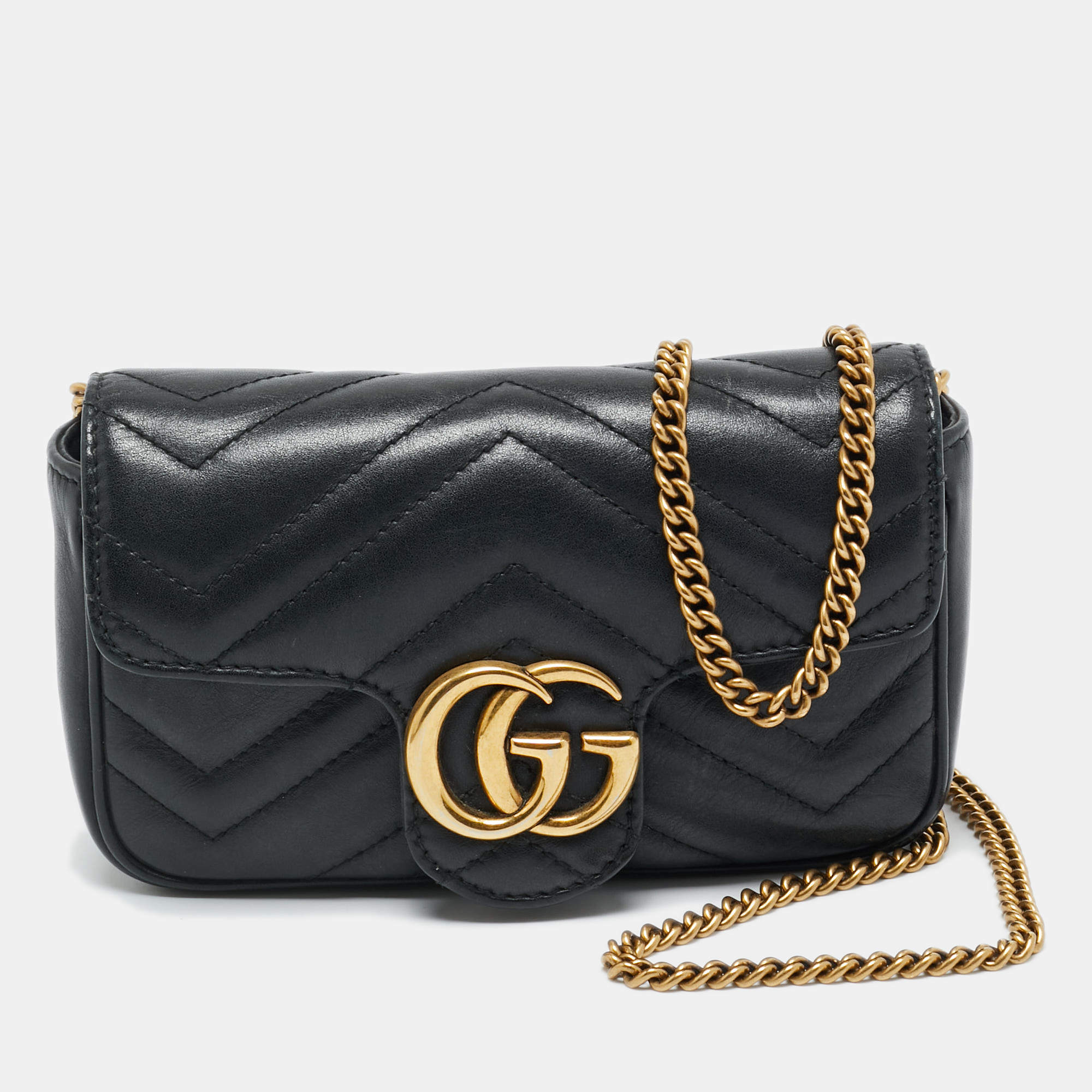 Pre Owned Gucci Black Matelassé Leather Super Mini GG Marmont Crossbody Bag