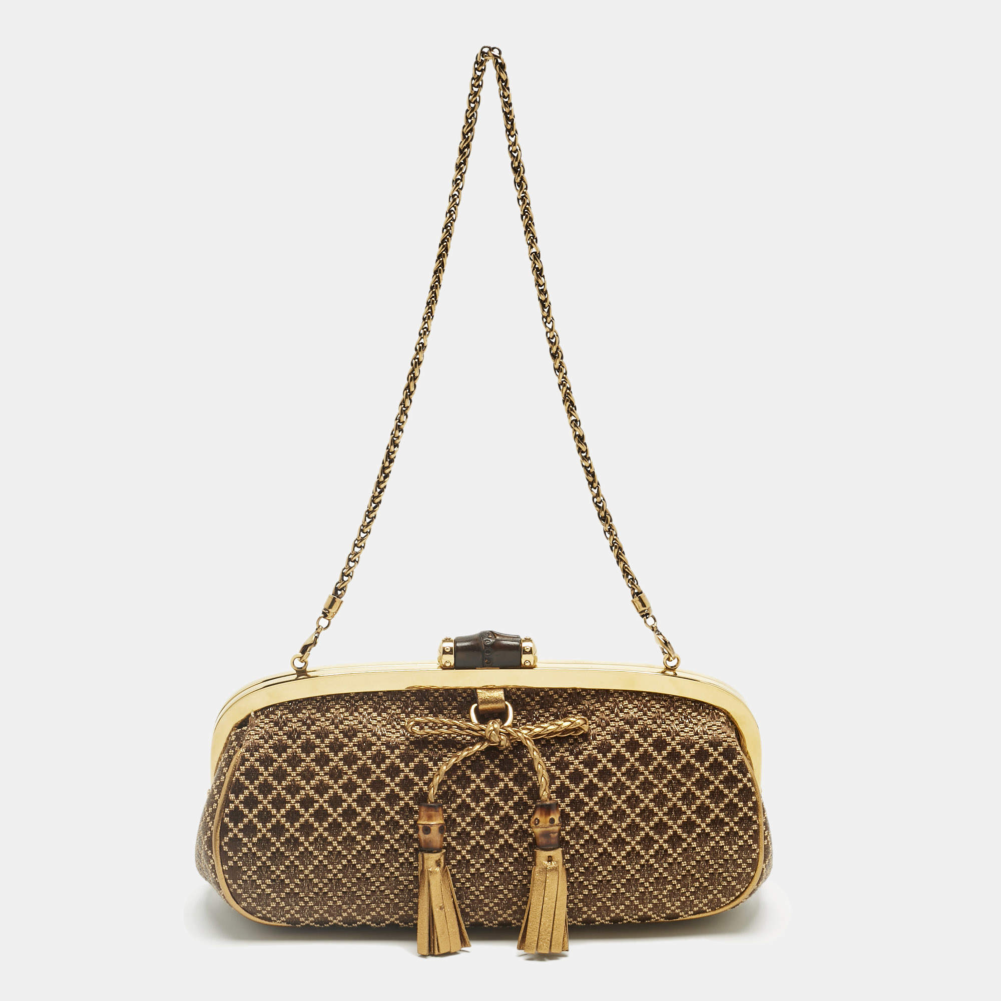 Pre Owned Gucci Gold/Brown Diamond Fabric Bamboo Frame Chain Clutch