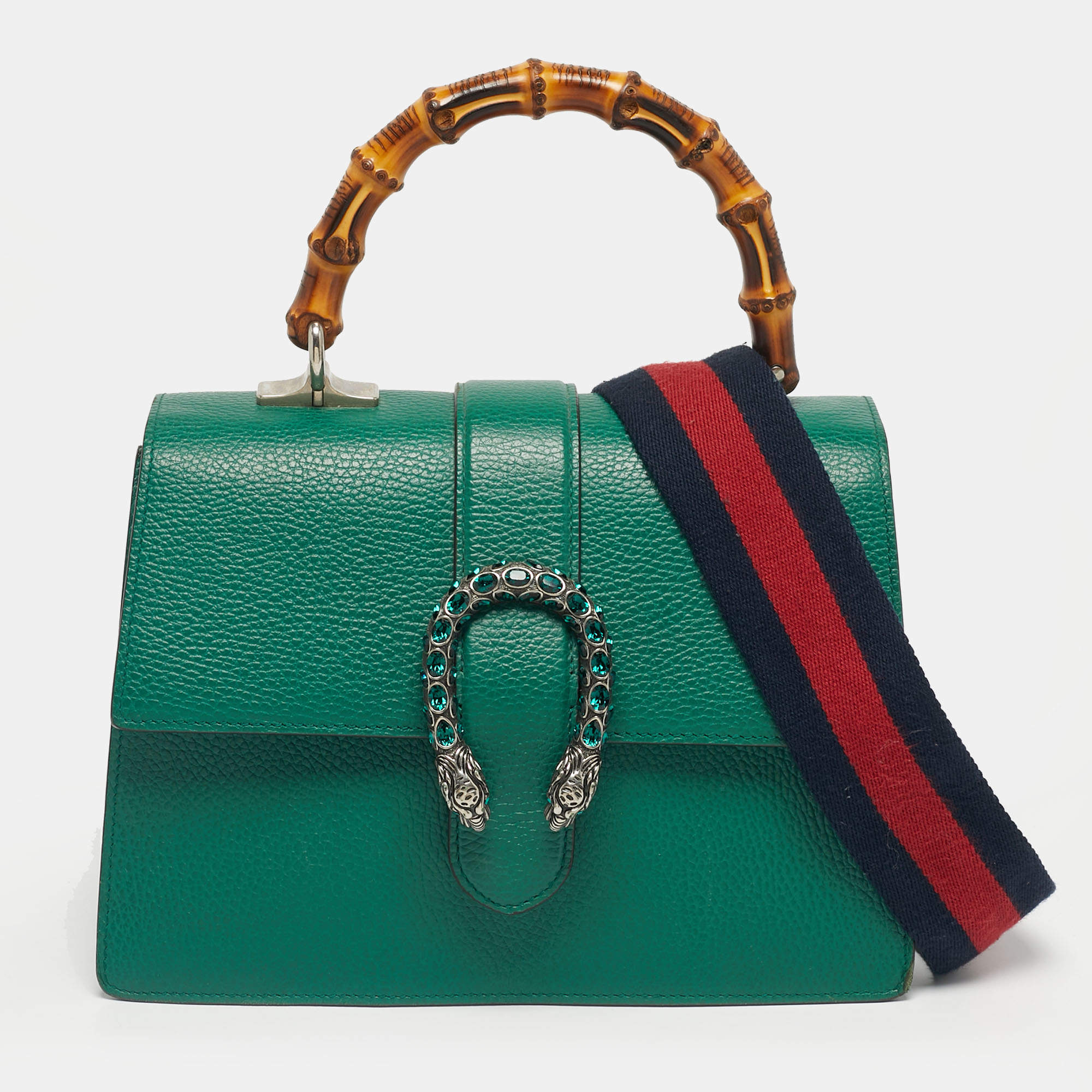 Pre Owned Gucci Green Leather Medium Dionysus Bamboo Top Handle Bag