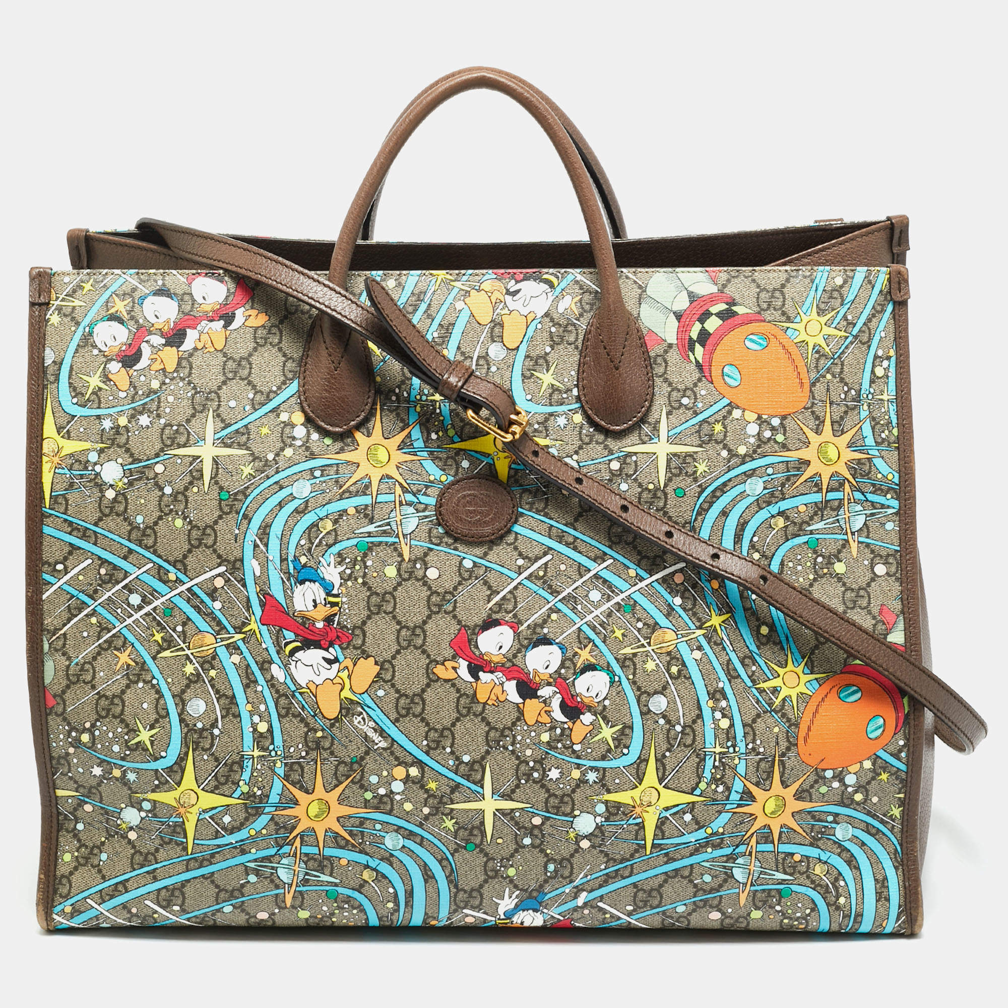 Pre Owned Gucci x Disney Multicolor Donald Duck GG Supreme Canvas and Leather Interlocking G Shopping Tote