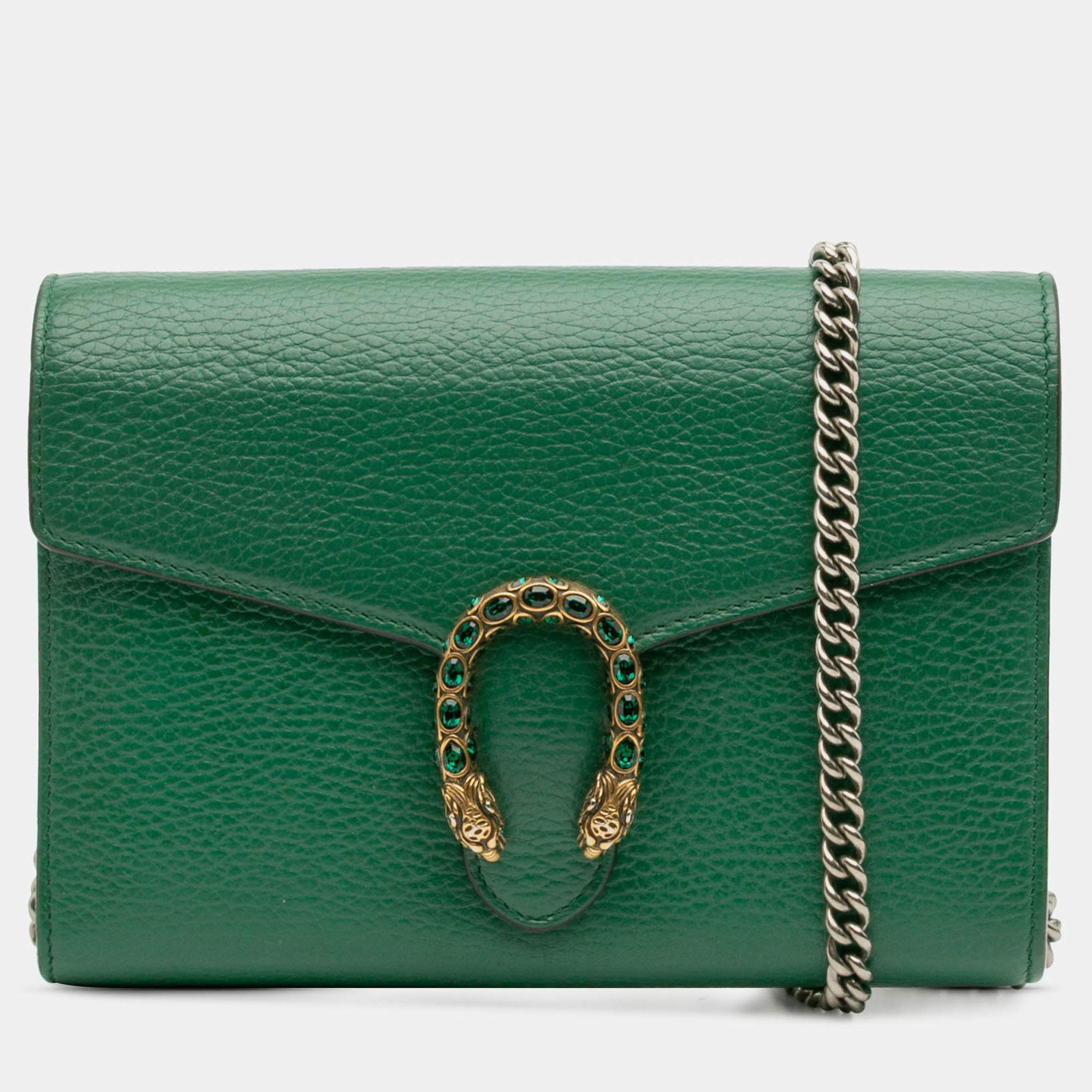 Pre Owned Gucci Green Mini Leather Dionysus Wallet on Chain