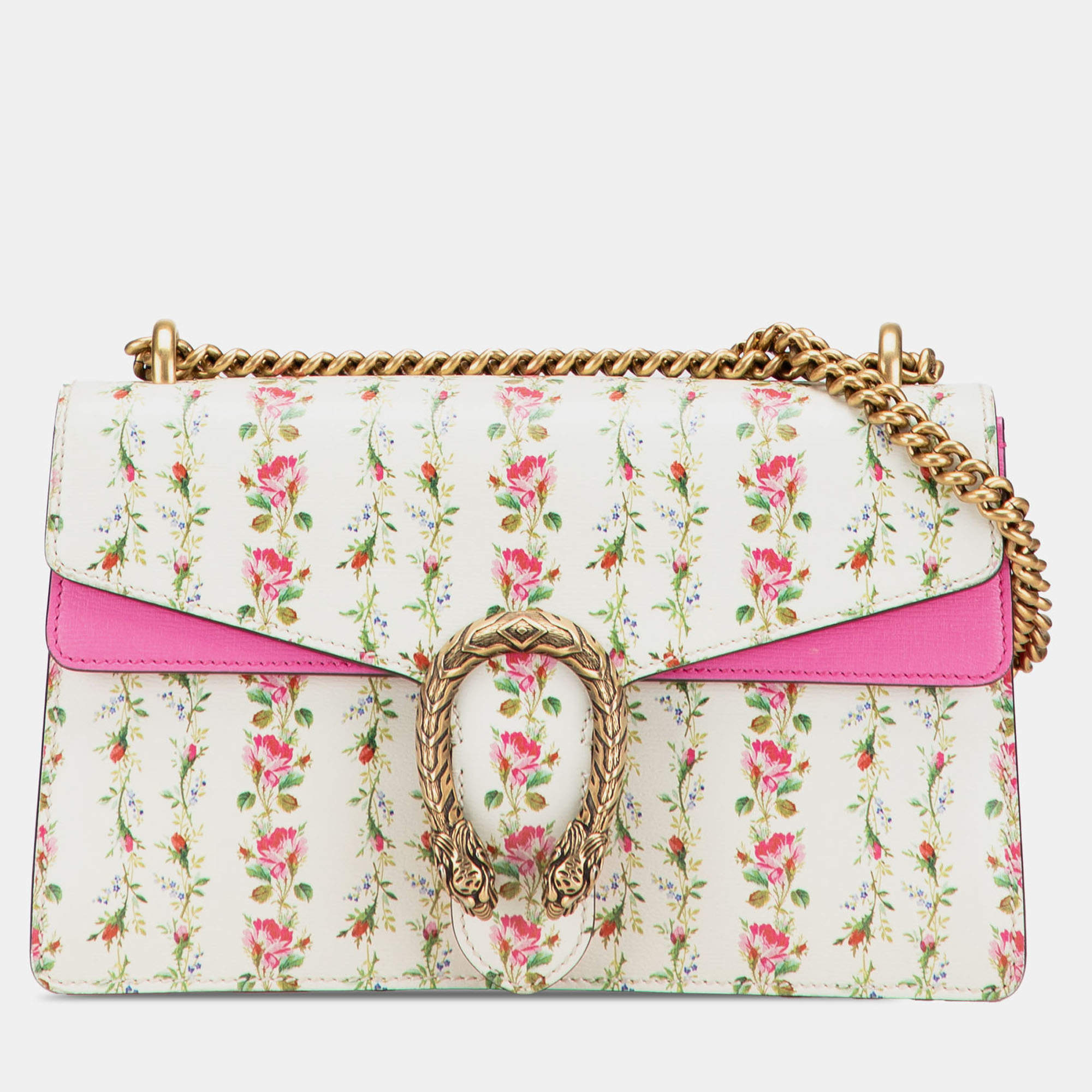 Pre Owned Gucci Beige Pink White Limited Edition Small Calfskin Floral Print Dionysus Shoulder Bag