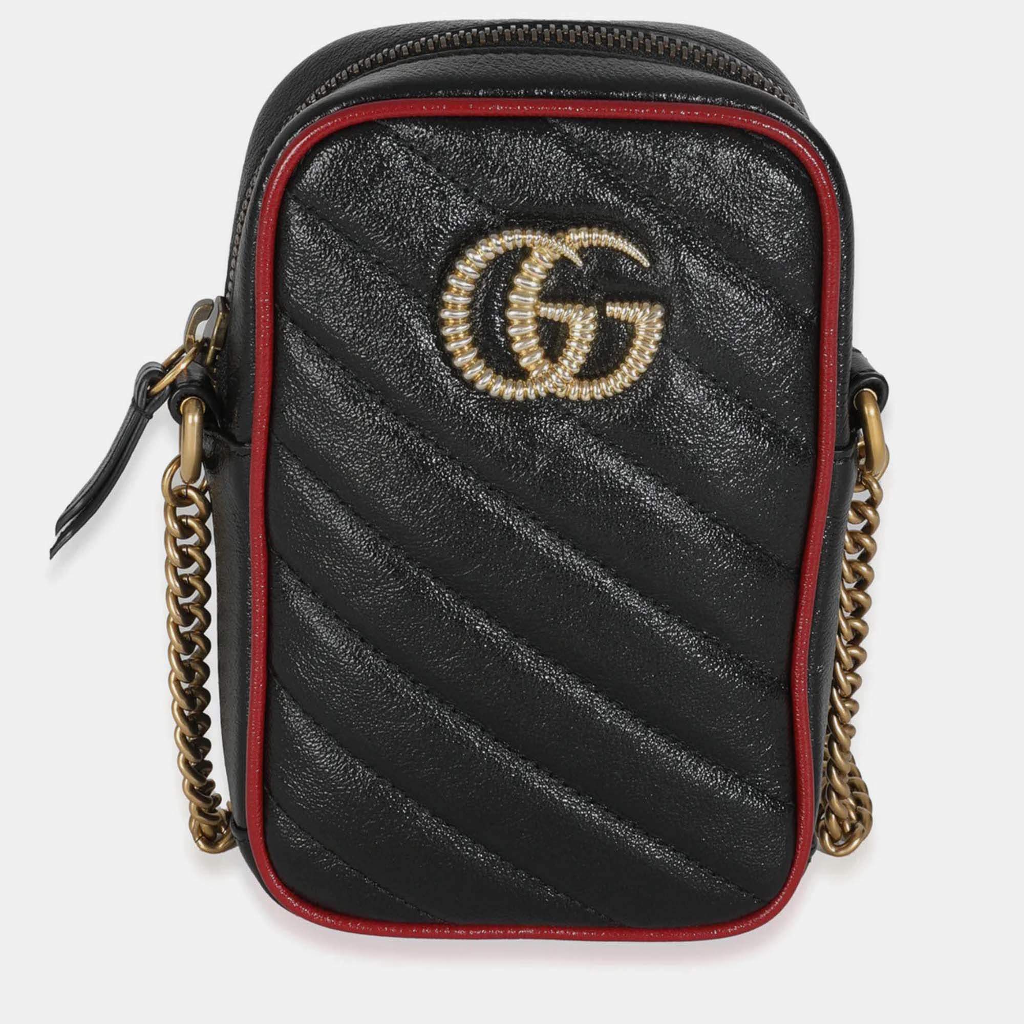 Pre Owned Gucci Red/Black Calfskin Matelasse Mini GG Marmont Crossbody Bag