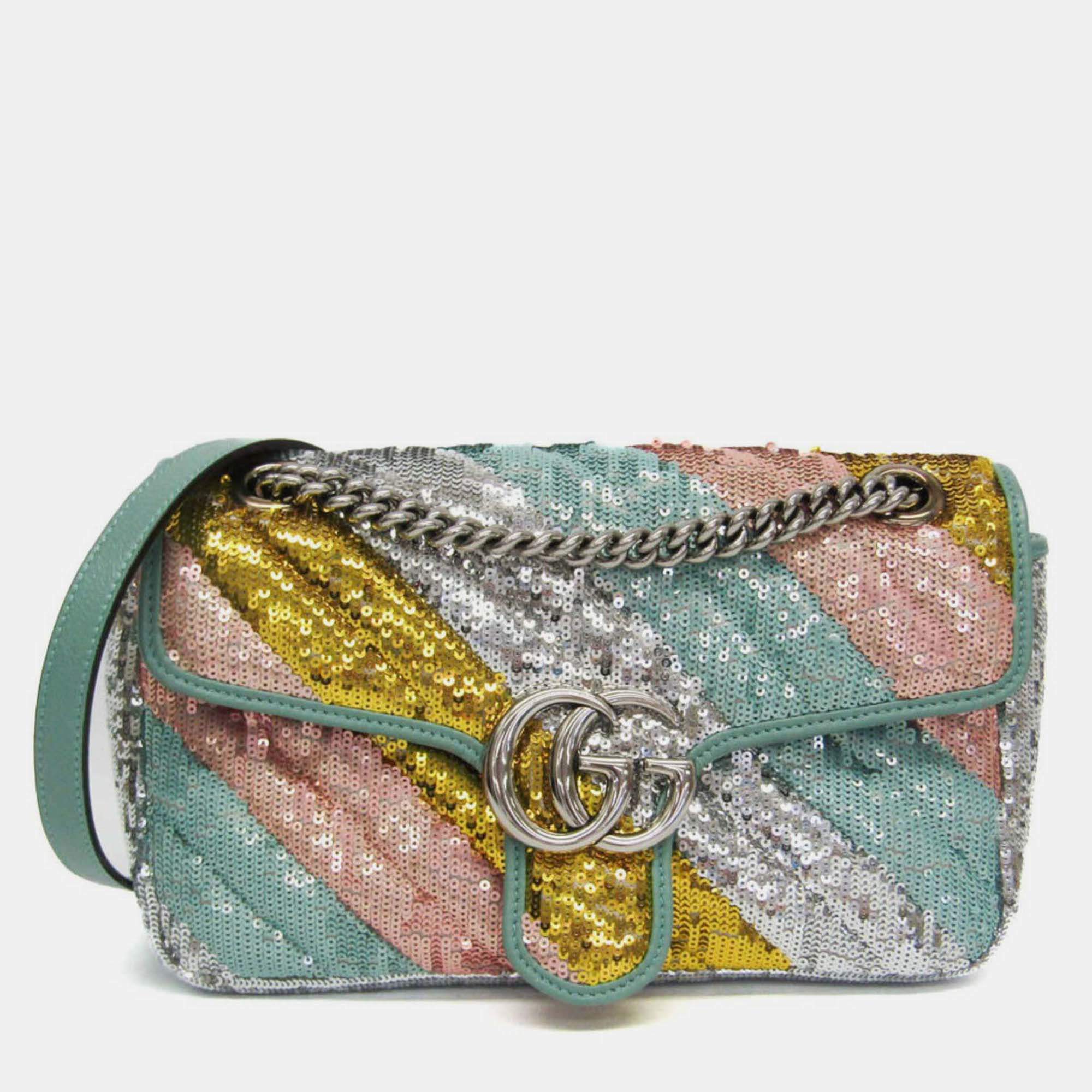 Pre Owned Gucci GG Marmont Leather Spangles Shoulder Bag Gold Silver Pink Gold Green