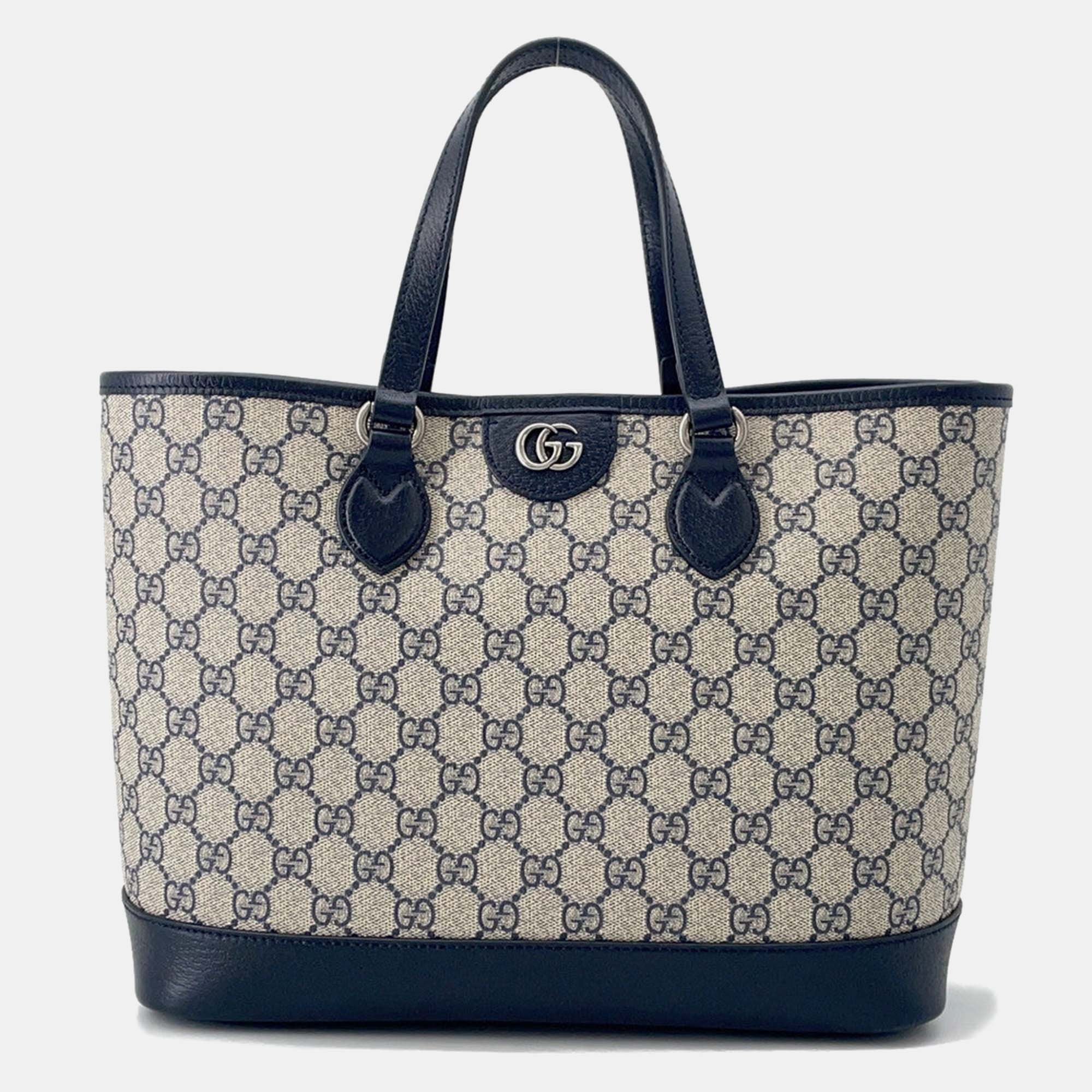 Pre Owned Gucci Ophidia Gg Supreme 2Way Tote Bag Beige/Navy Pvc Leather Size Small