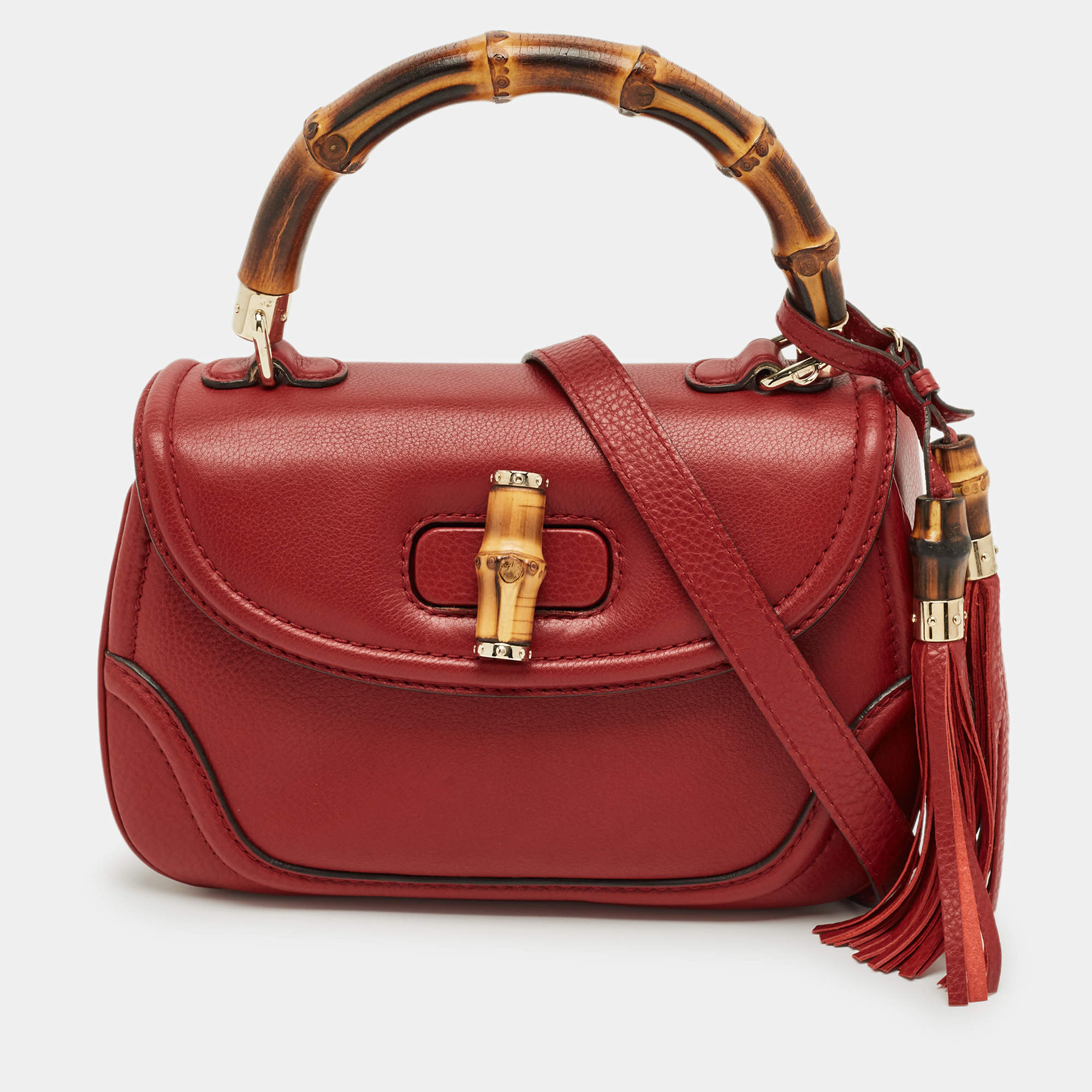 Pre Owned Gucci Red Leather Medium New Bamboo Top Handle Bag