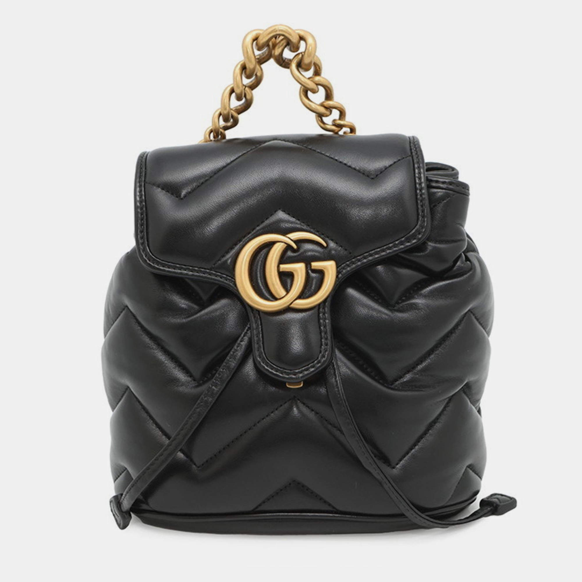 Pre Owned Gucci Gg Marmont Mini Backpack In Leather Black