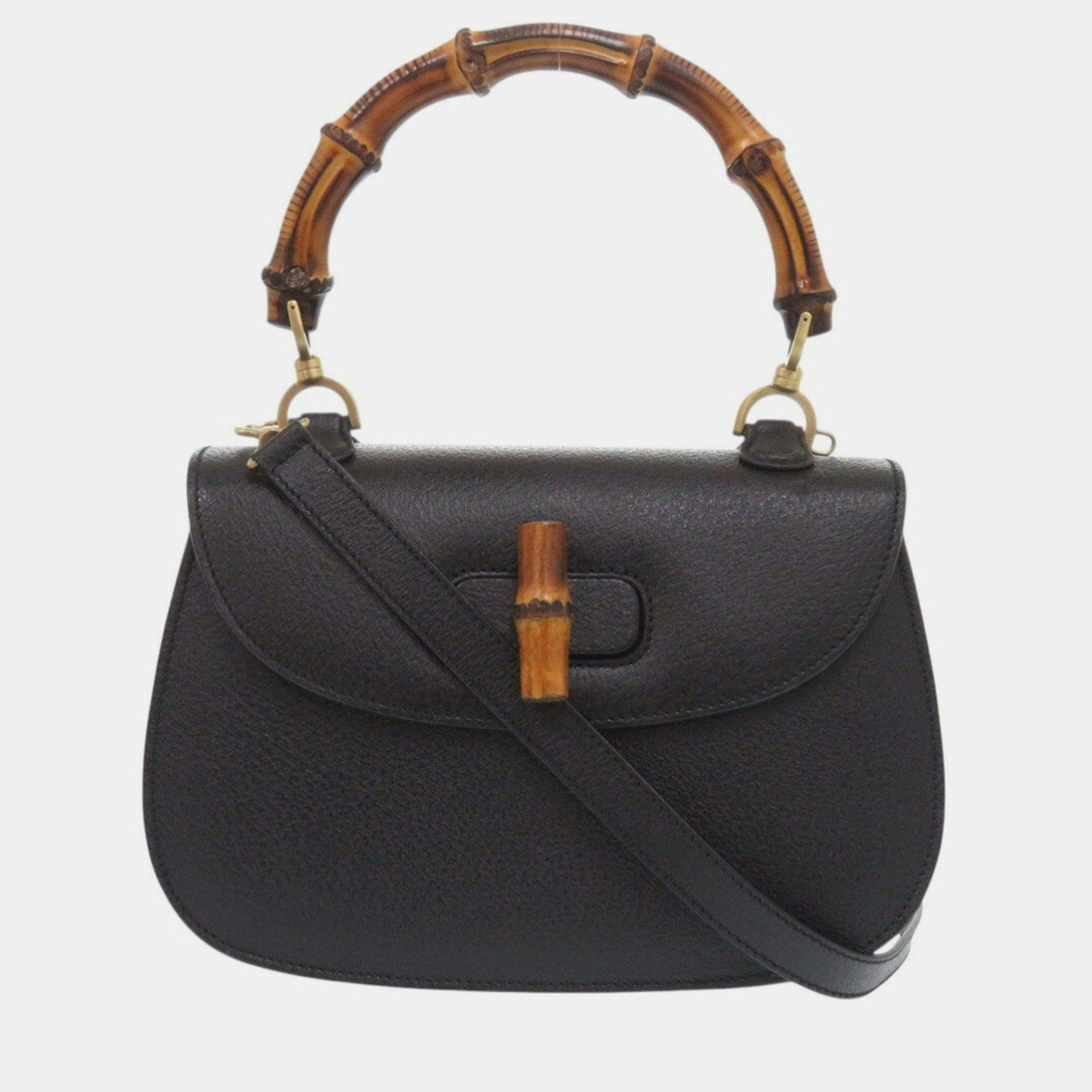 Pre Owned Gucci Bamboo Leather Black Handbag