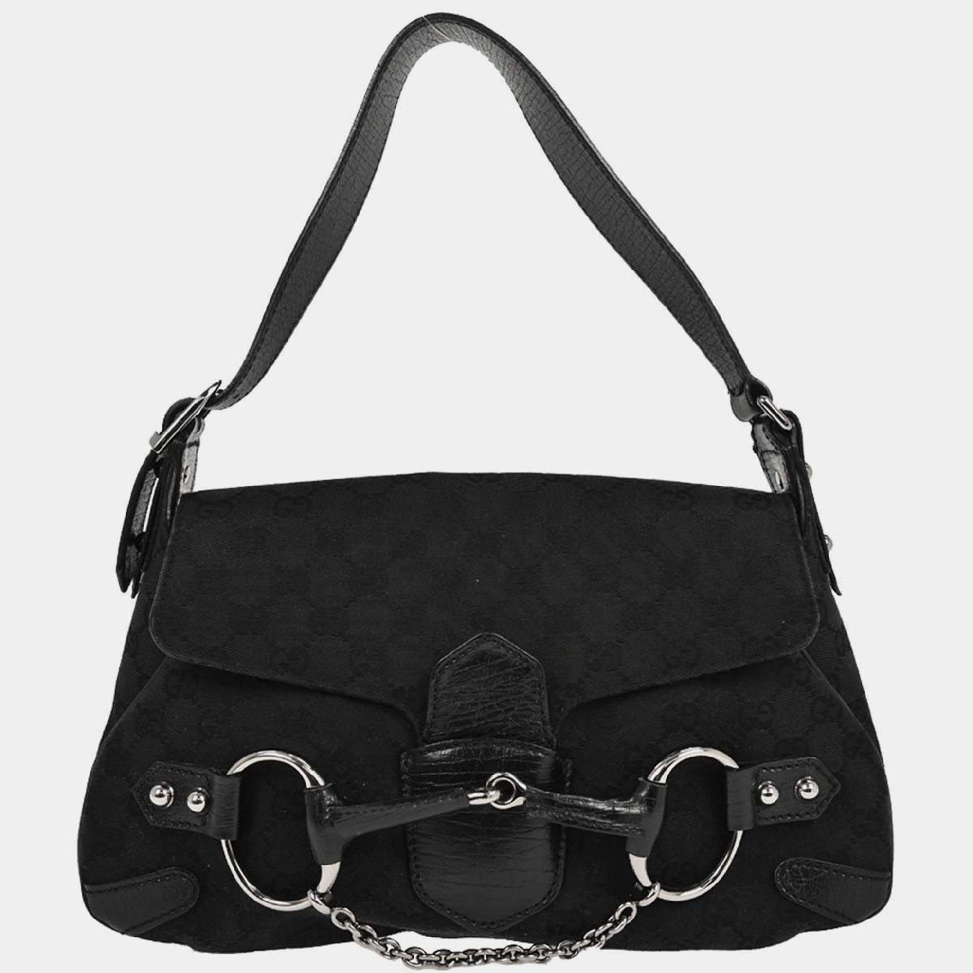 Pre Owned Gucci Black Horsebit GG Handbag