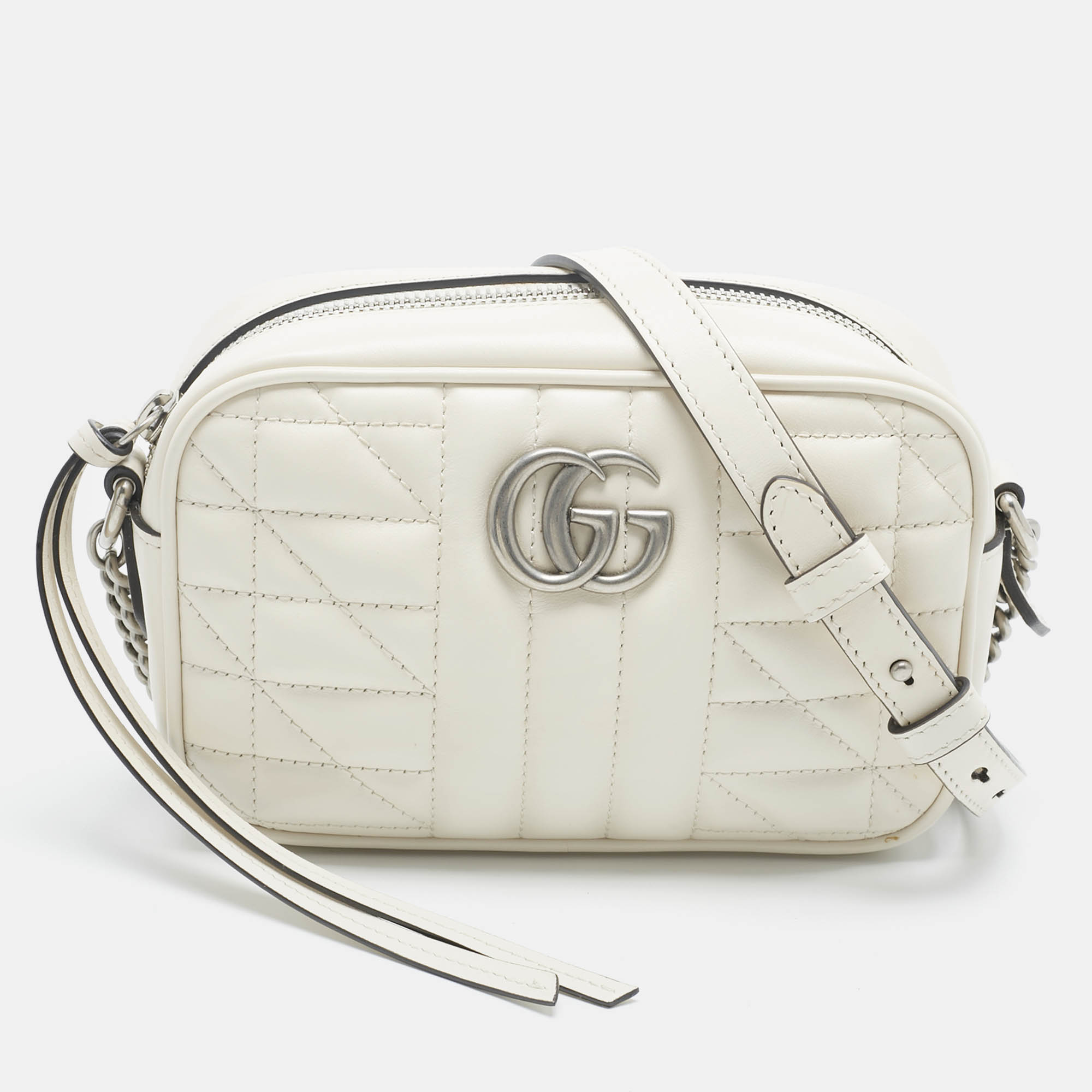 Pre Owned Gucci White Mix Quilted Leather Mini GG Marmont Camera Bag 