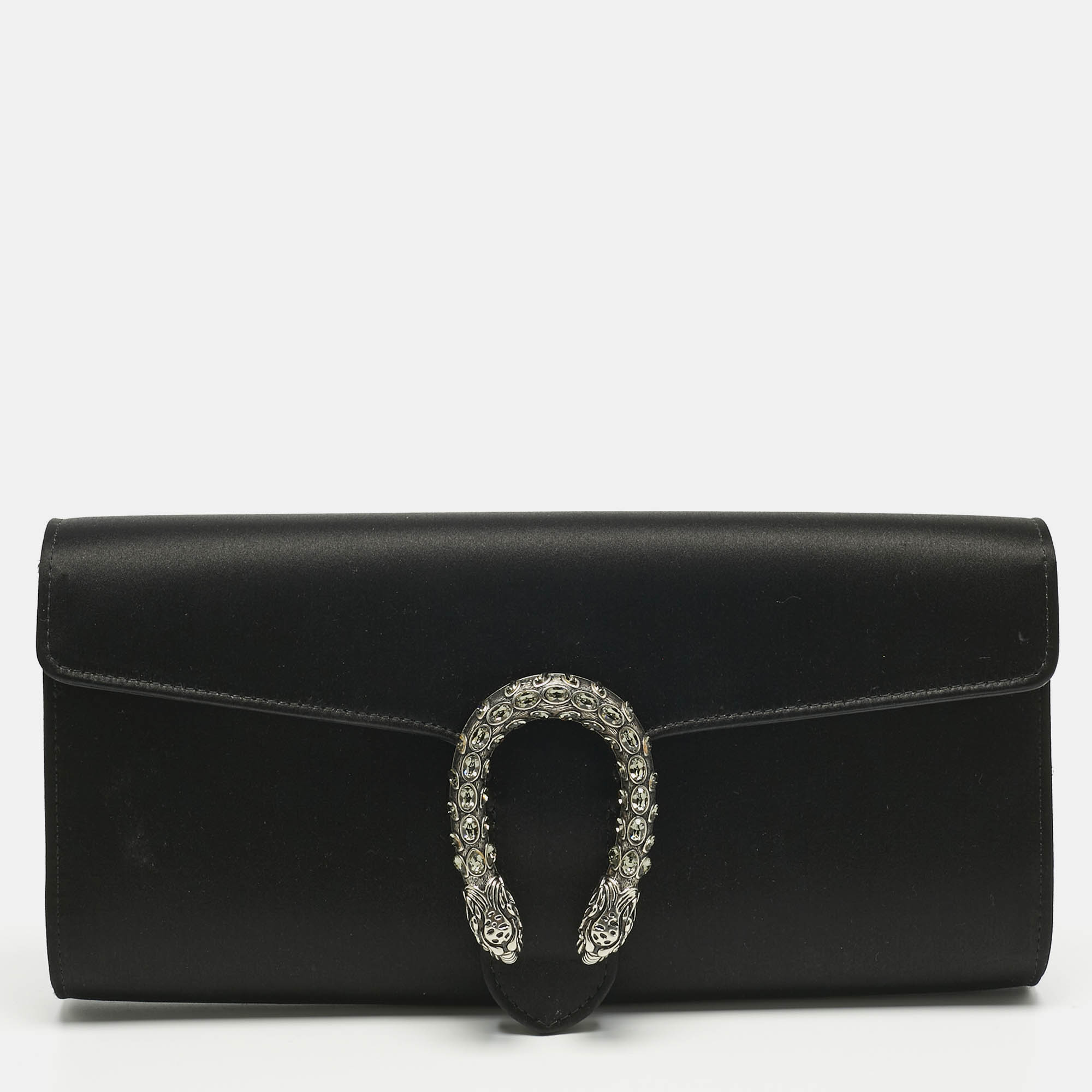 Pre Owned Gucci Black Satin Dionysus Crystals Clutch