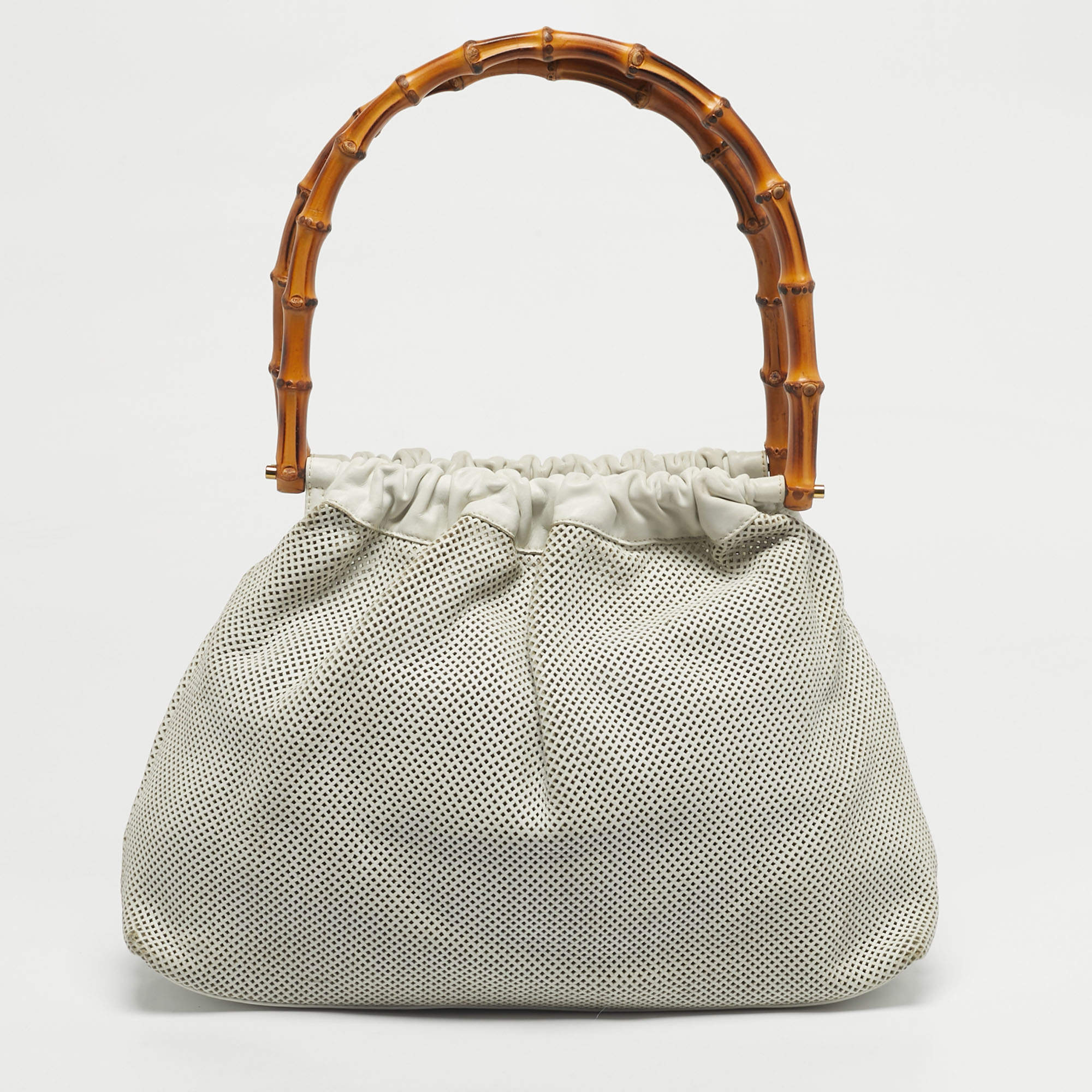 Pre Owned Gucci White Perforated Leather Bamboo Handle Bag