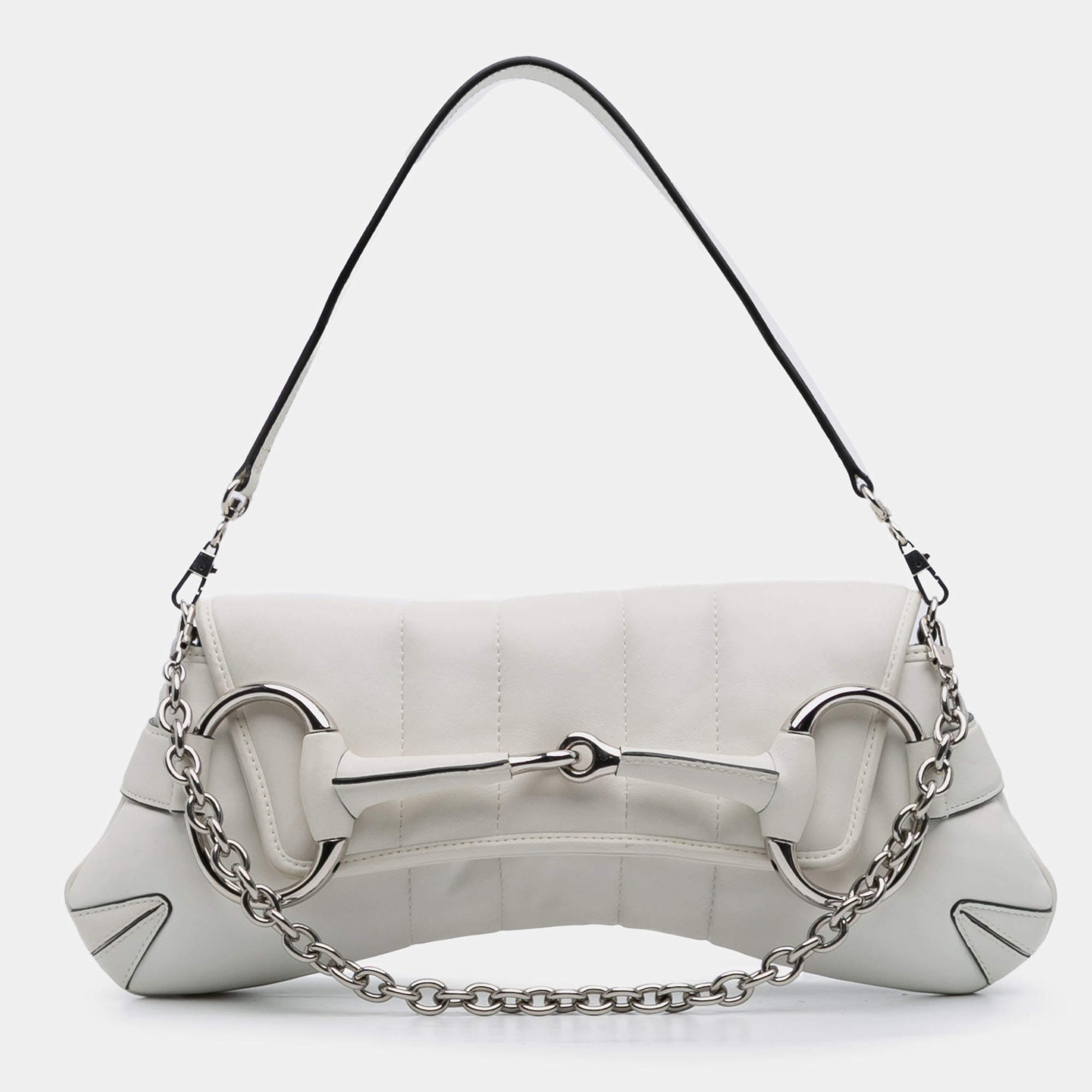 Pre Owned Gucci White Small Leather Horsebit Chain Satchel