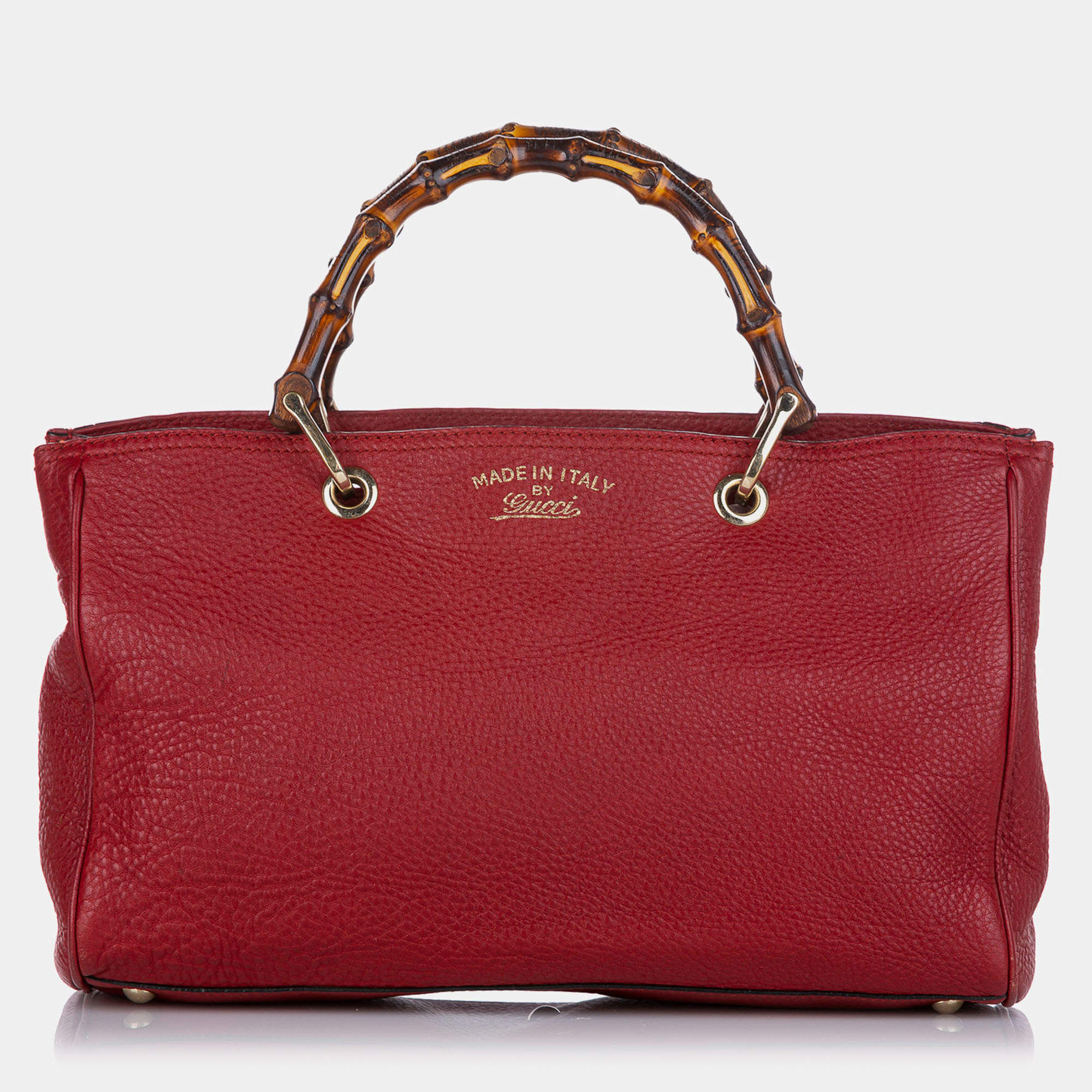 Pre Owned Gucci Red Medium Calfskin Bamboo Shopper Satchel