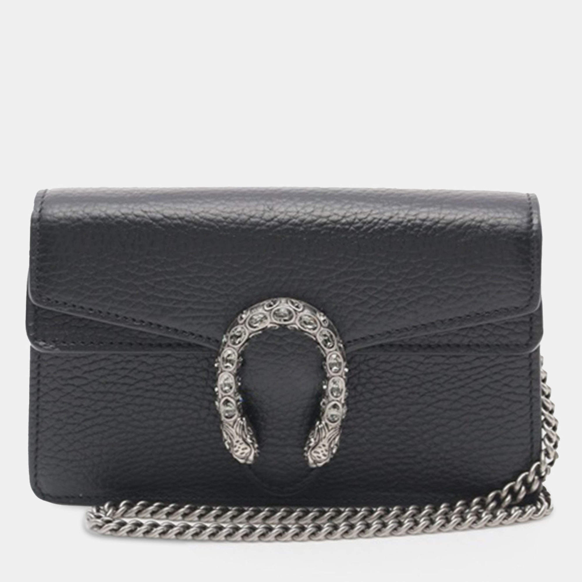 Pre Owned Gucci Black Super Mini Dionysus Leather Crossbody Bag
