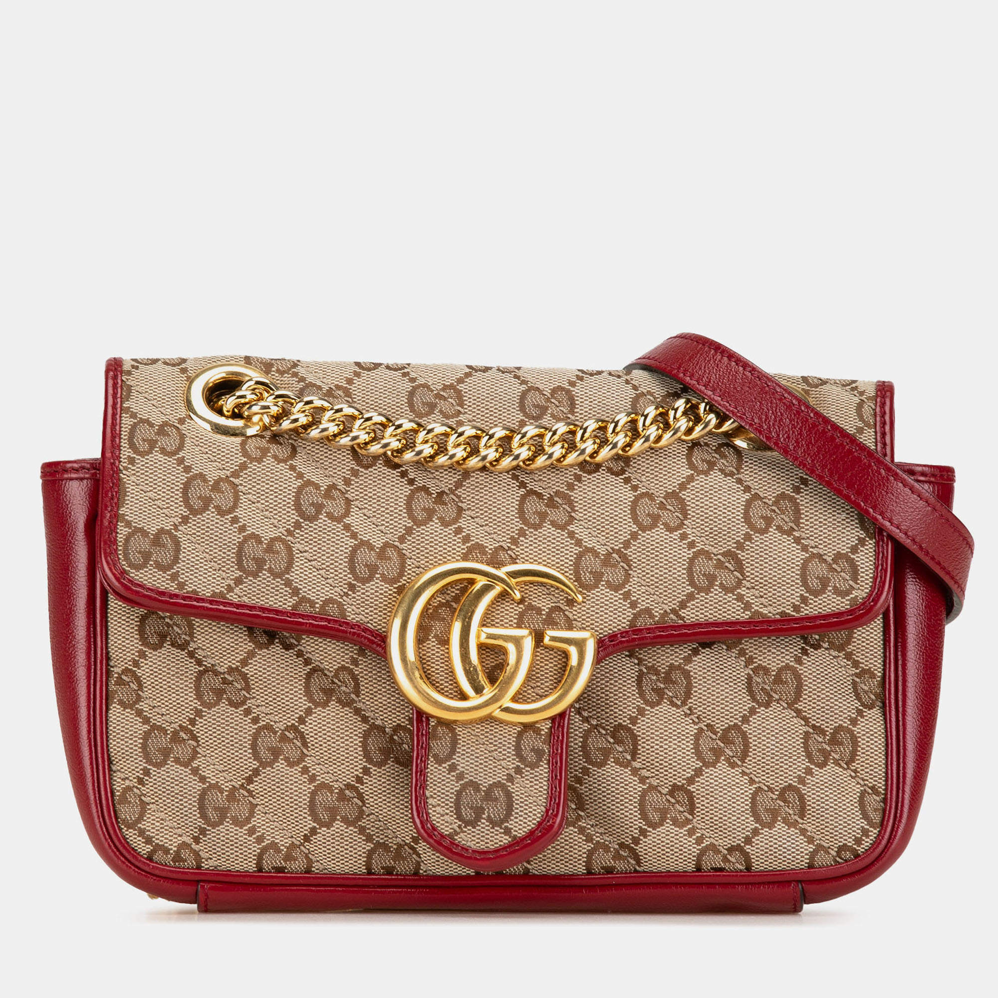 Pre Owned Gucci Beige Brown Small GG Marmont GG Matelasse Diagonal Canvas Shoulder Bag