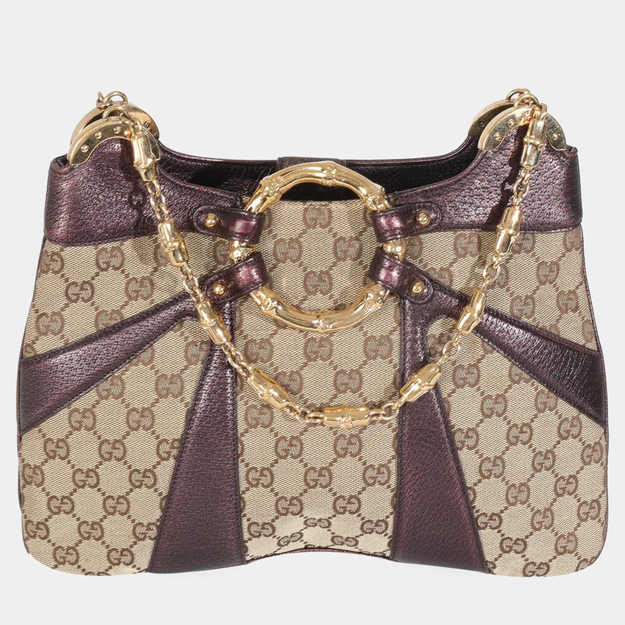 Pre Owned Gucci Tom Ford Metallic Purple Beige Monogram Bamboo Chain Shoulder Bag