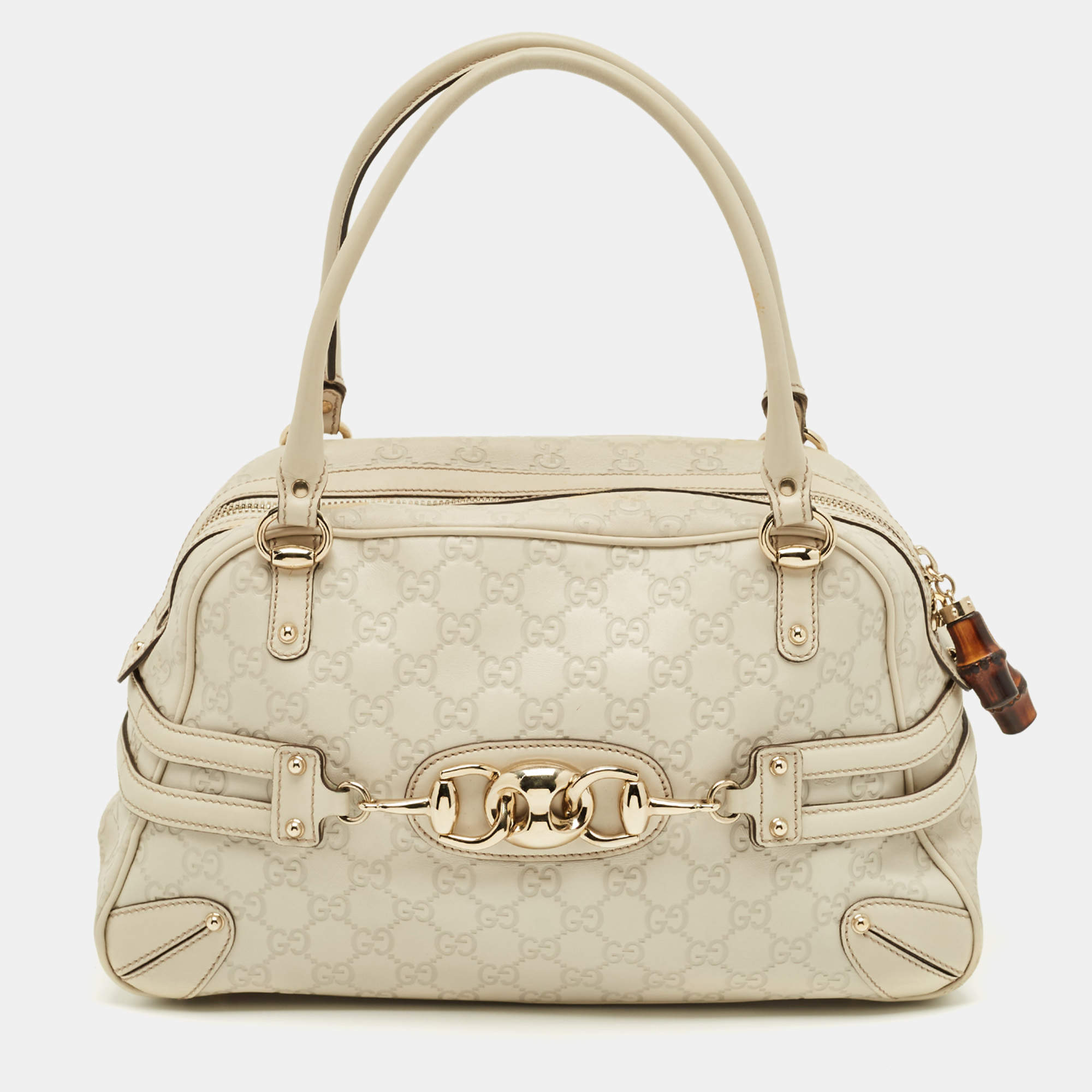 مملوكة مسبقًا حقيبة غوتشي بوسطن ويف كبيرة جلد غوتشي سيما بيضاء