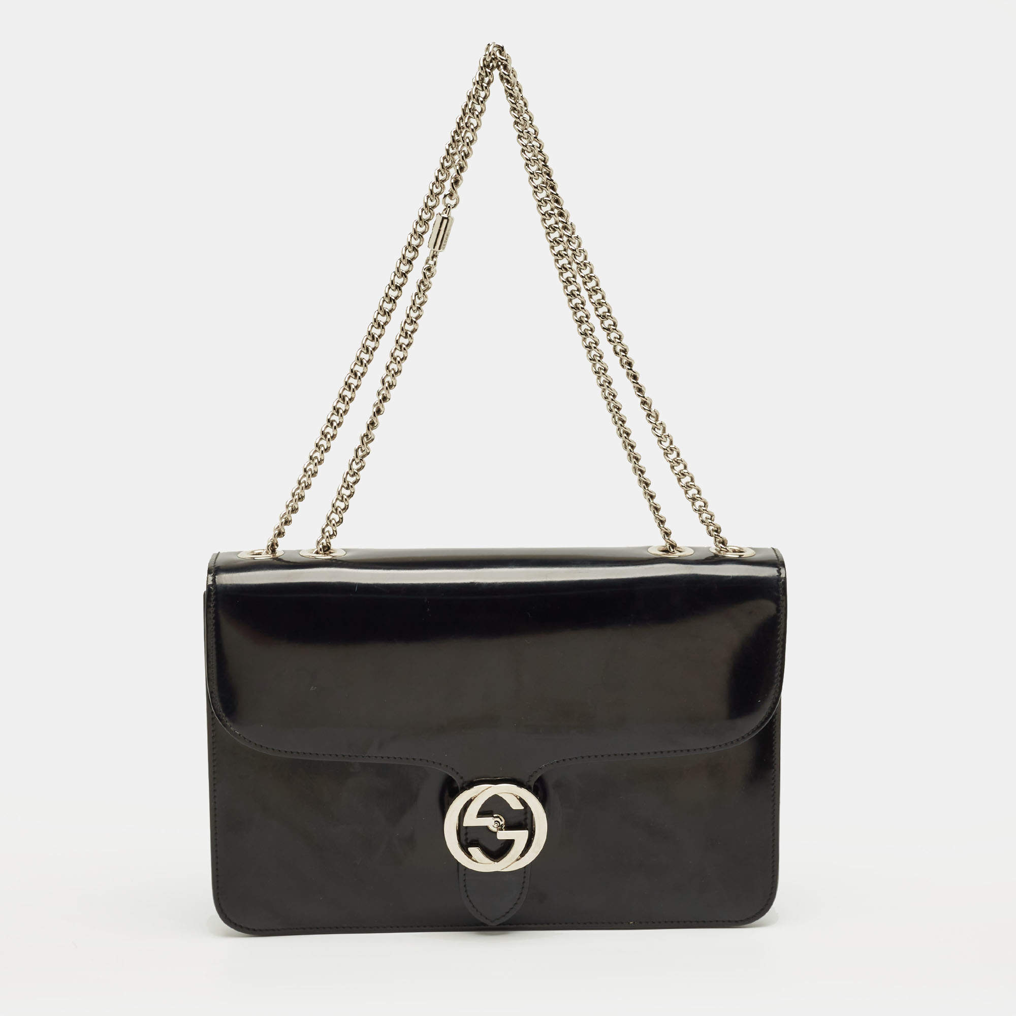 Pre Owned Gucci Black Glossy Leather Medium Interlocking G Shoulder Bag