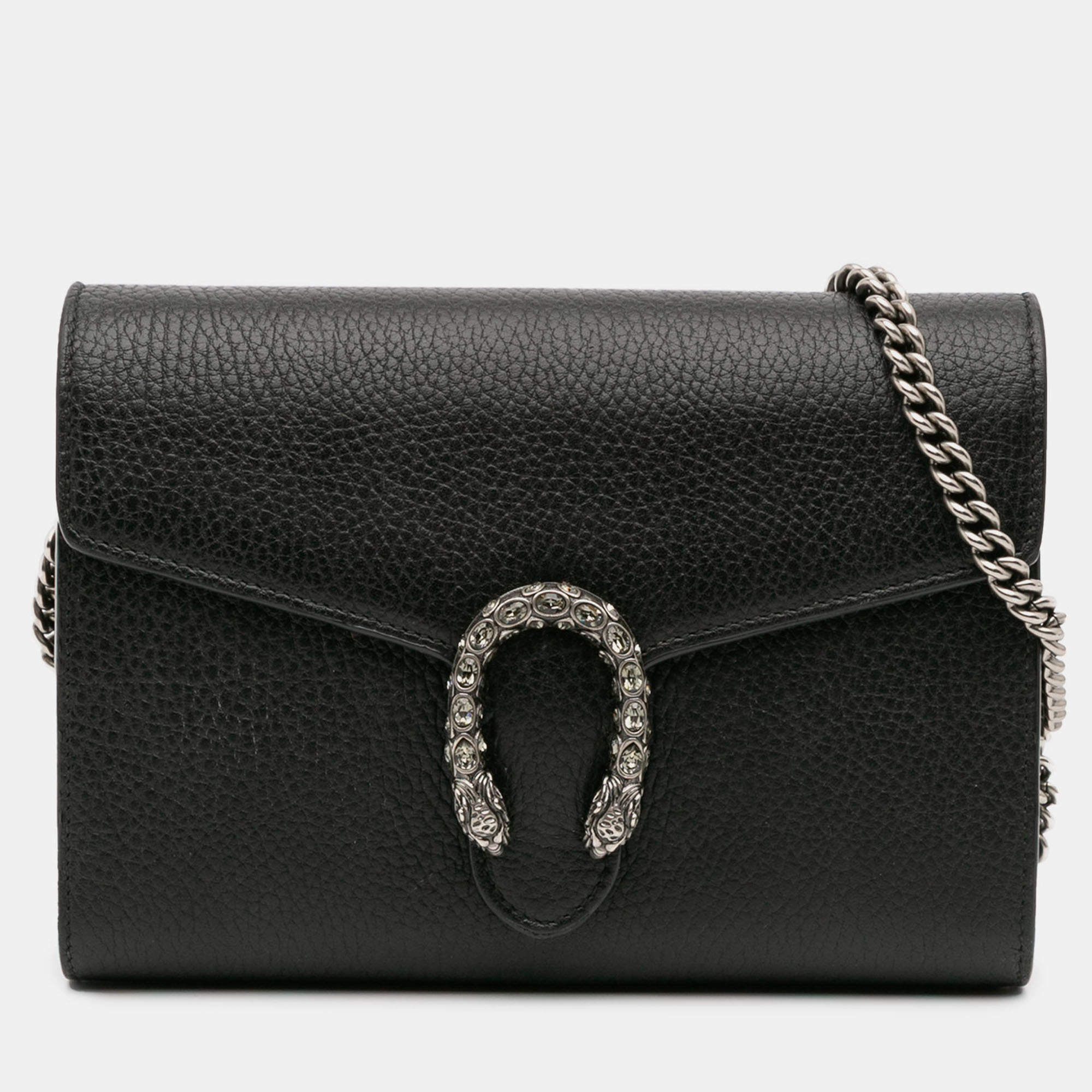 Pre Owned Gucci Black Mini Leather Dionysus Wallet on Chain