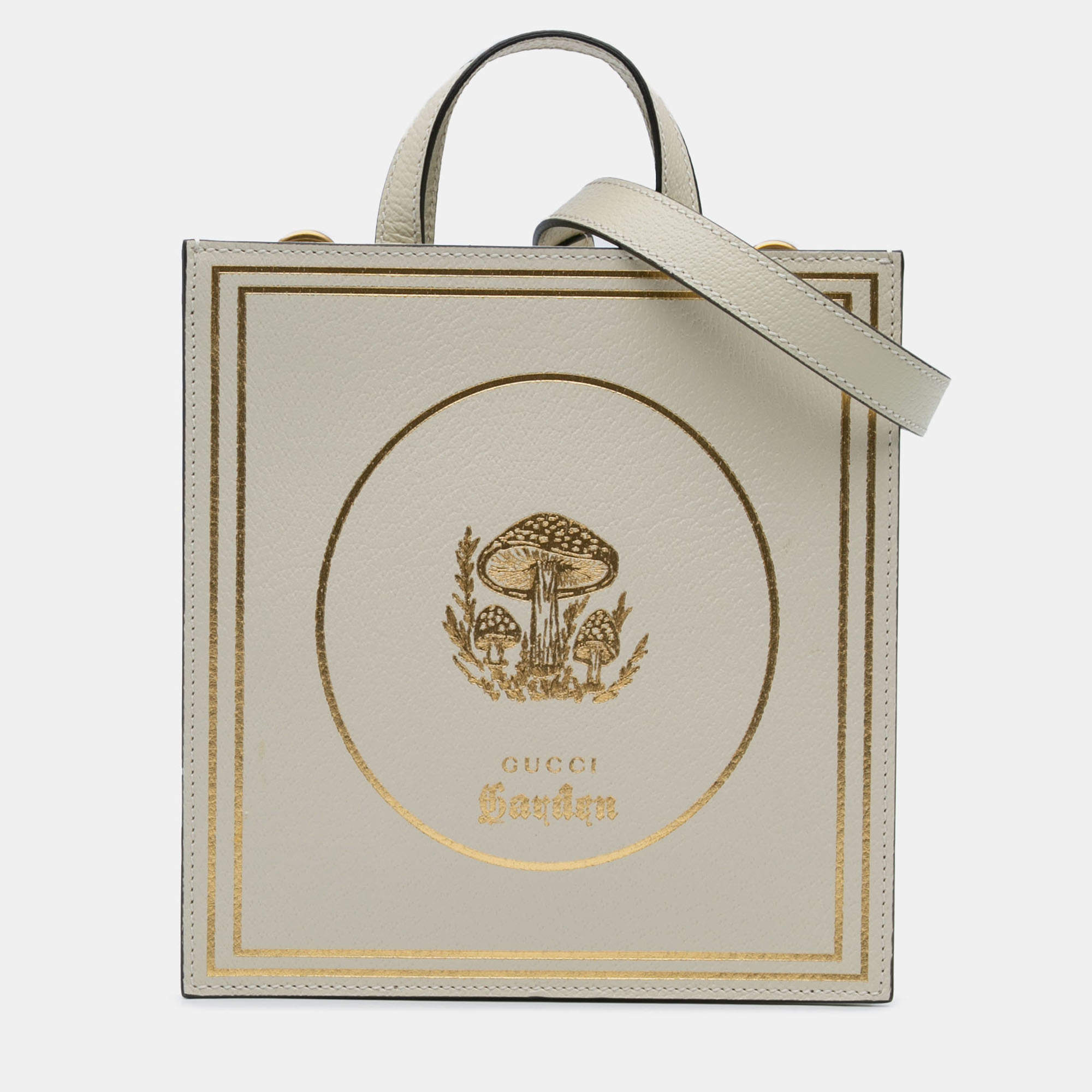 Pre Owned Gucci Beige Garden Calfskin Mushrooms Vertical Shopping Tote