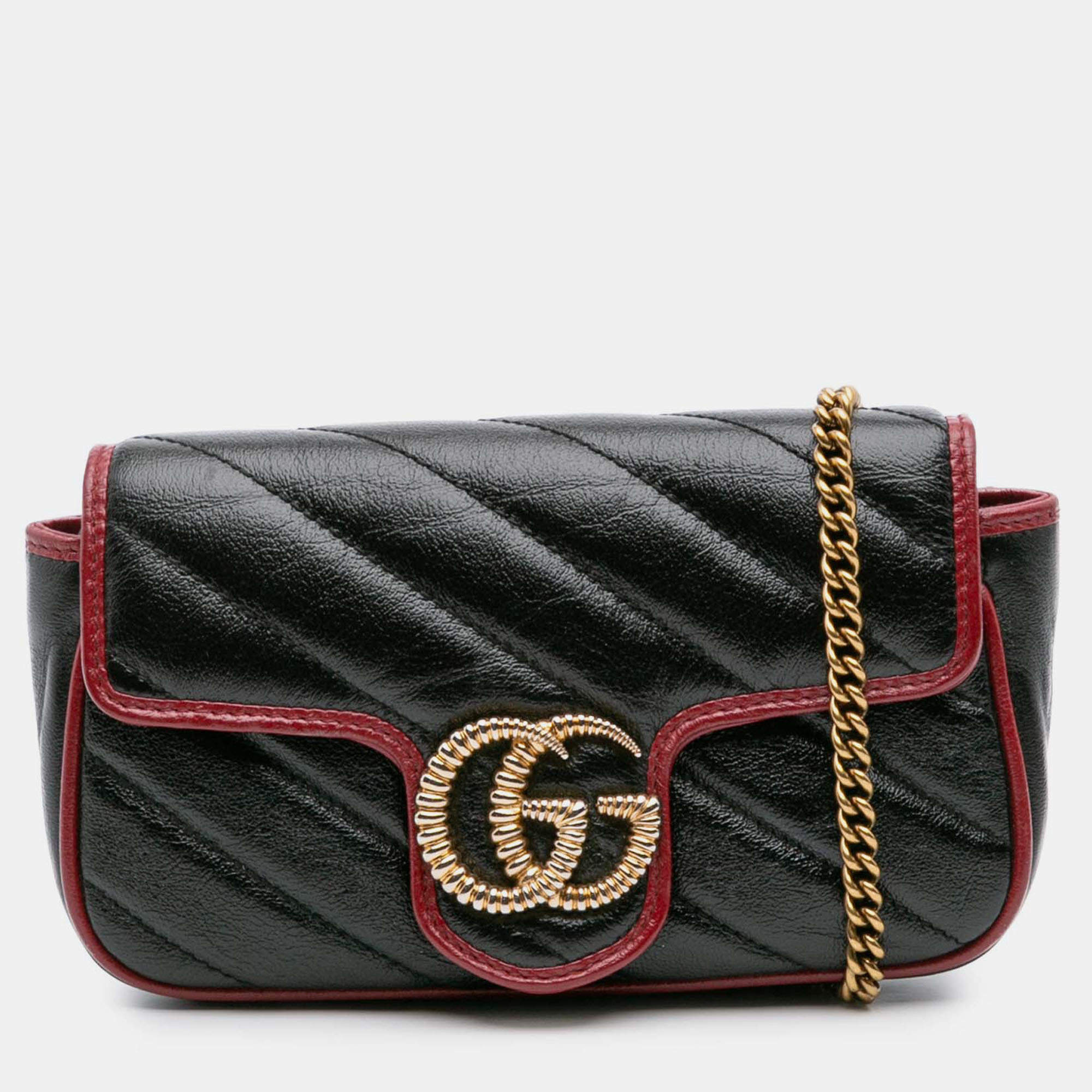 Pre Owned Gucci Black Super Mini GG Marmont Matelasse Leather Torchon Flap Crossbody