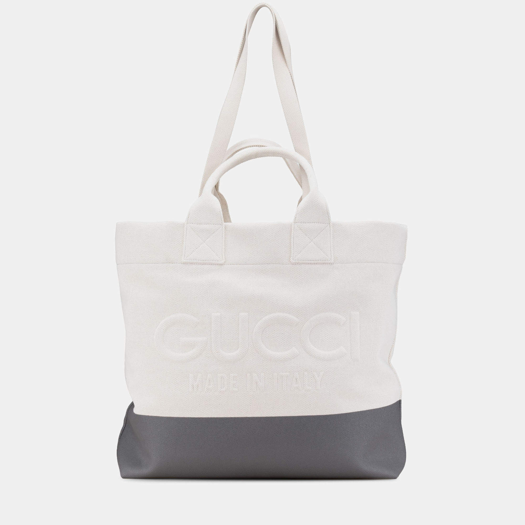 Pre Owned Gucci Grey White Canvas Embossed Logo Tote