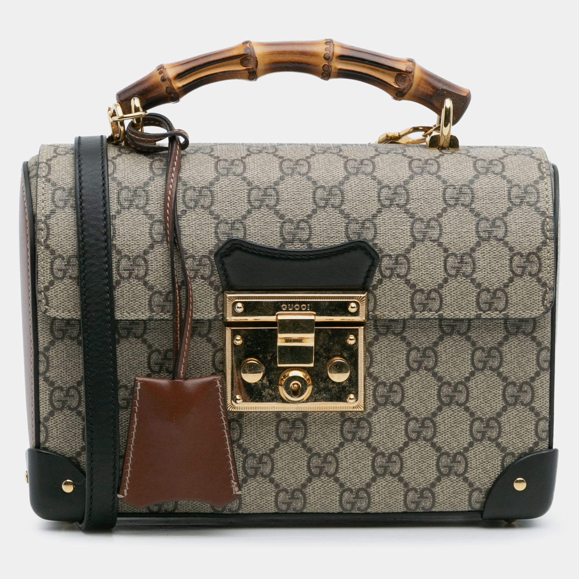 Pre Owned Gucci Beige Brown GG Supreme Bamboo Padlock Satchel
