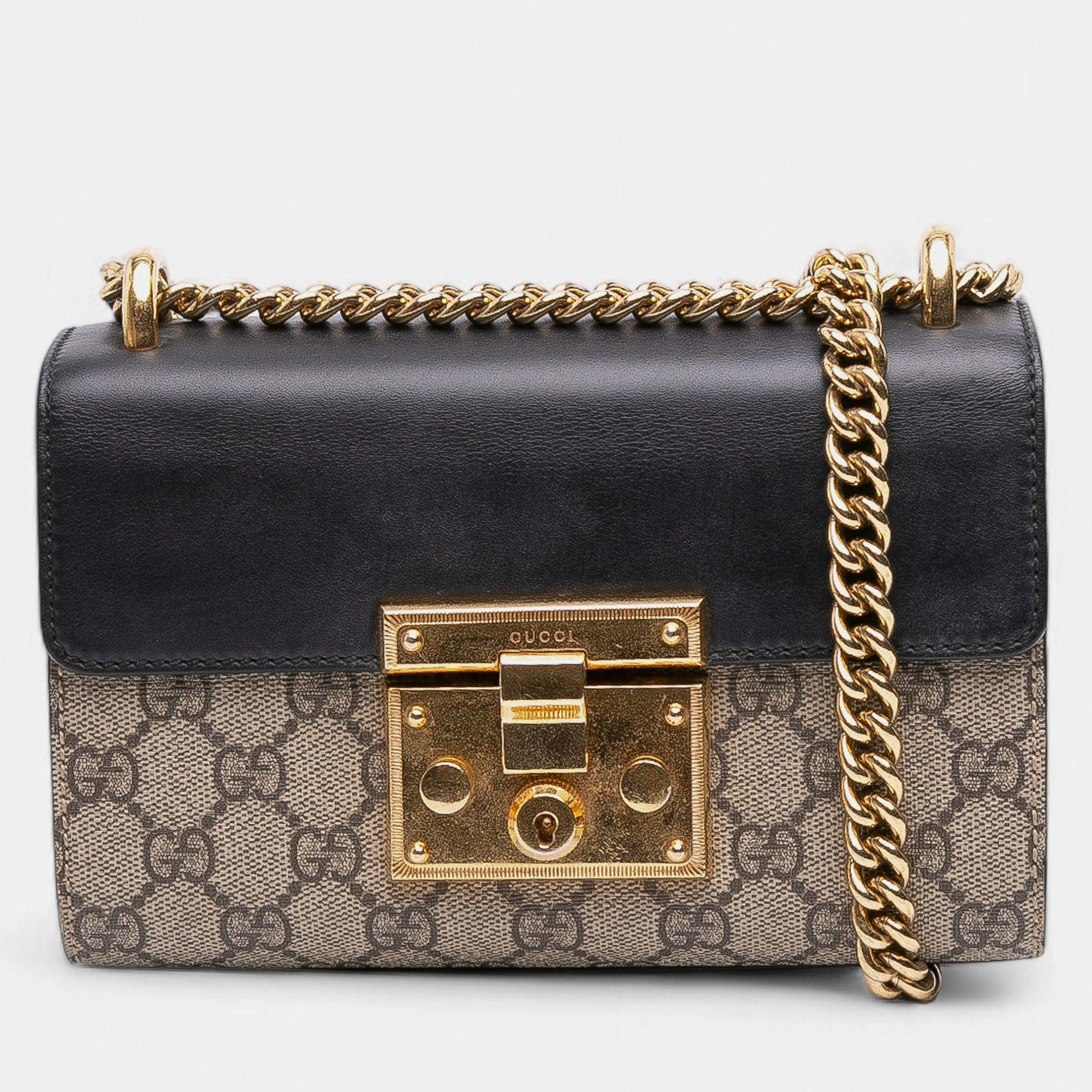 Pre Owned Gucci Beige Brown Small GG Supreme Padlock Crossbody