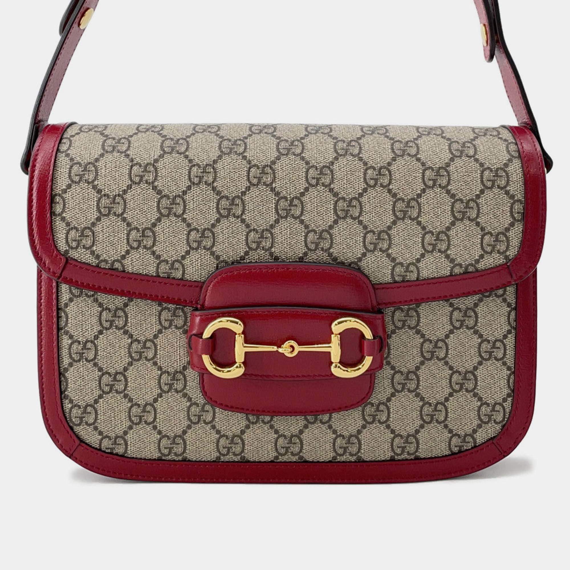 Pre Owned Gucci 1955 Horsebit GG Supreme Beige/Red Leather Shoulder Bag