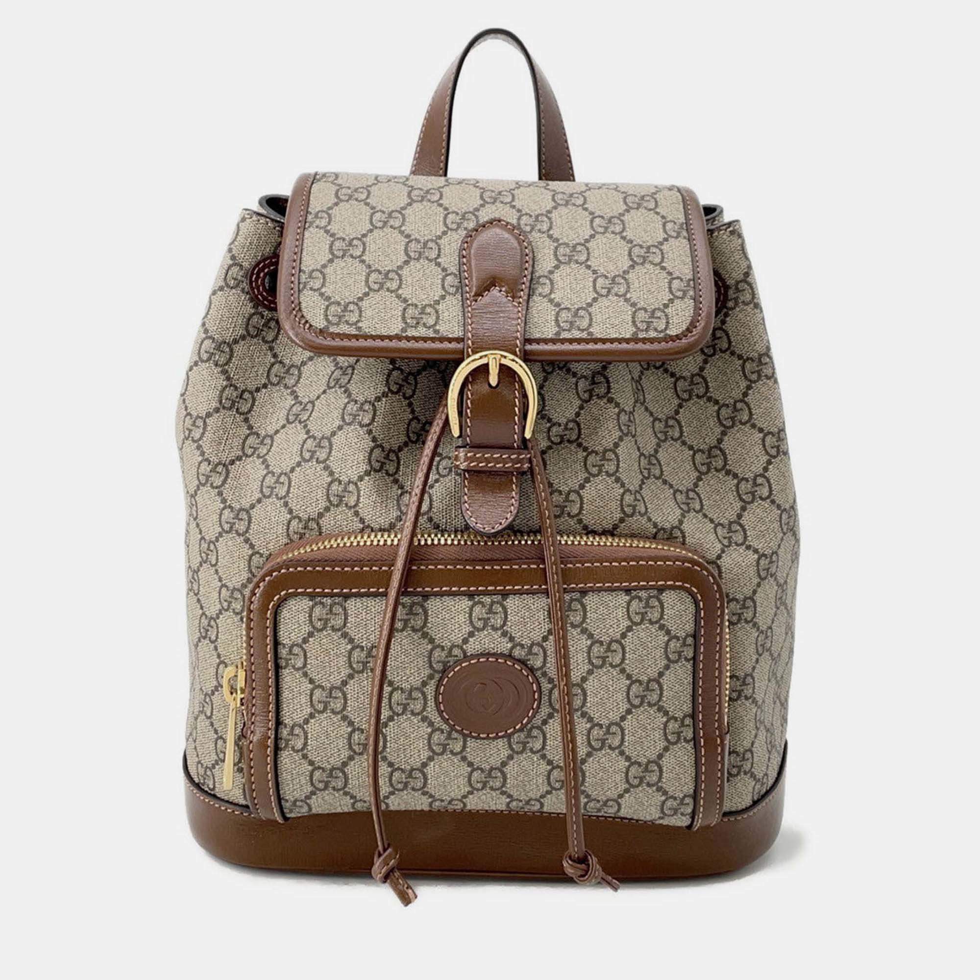 Pre Owned Gucci Interlocking G GG Supreme Backpack Beige/Brown Pvc Leather