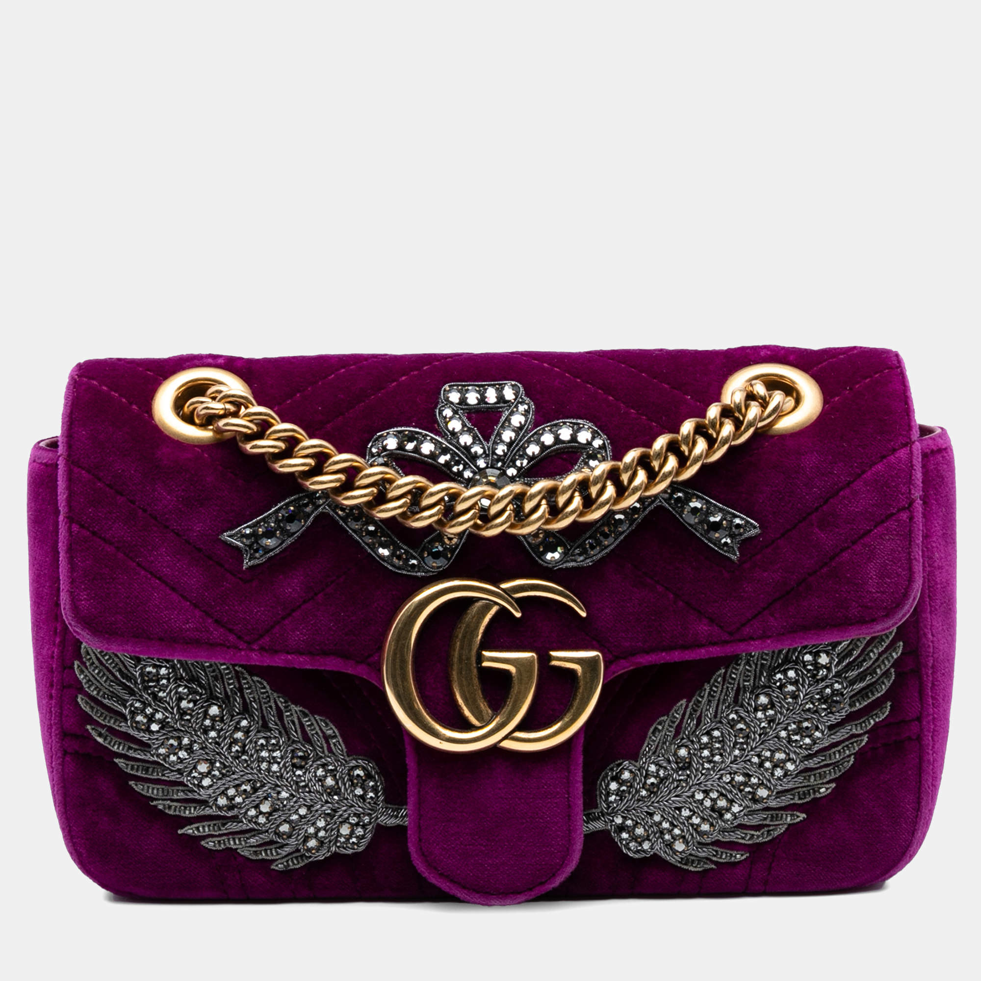 Pre Owned Gucci Purple Small GG Marmont Matelasse Velvet Crystal Embellished Shoulder Bag