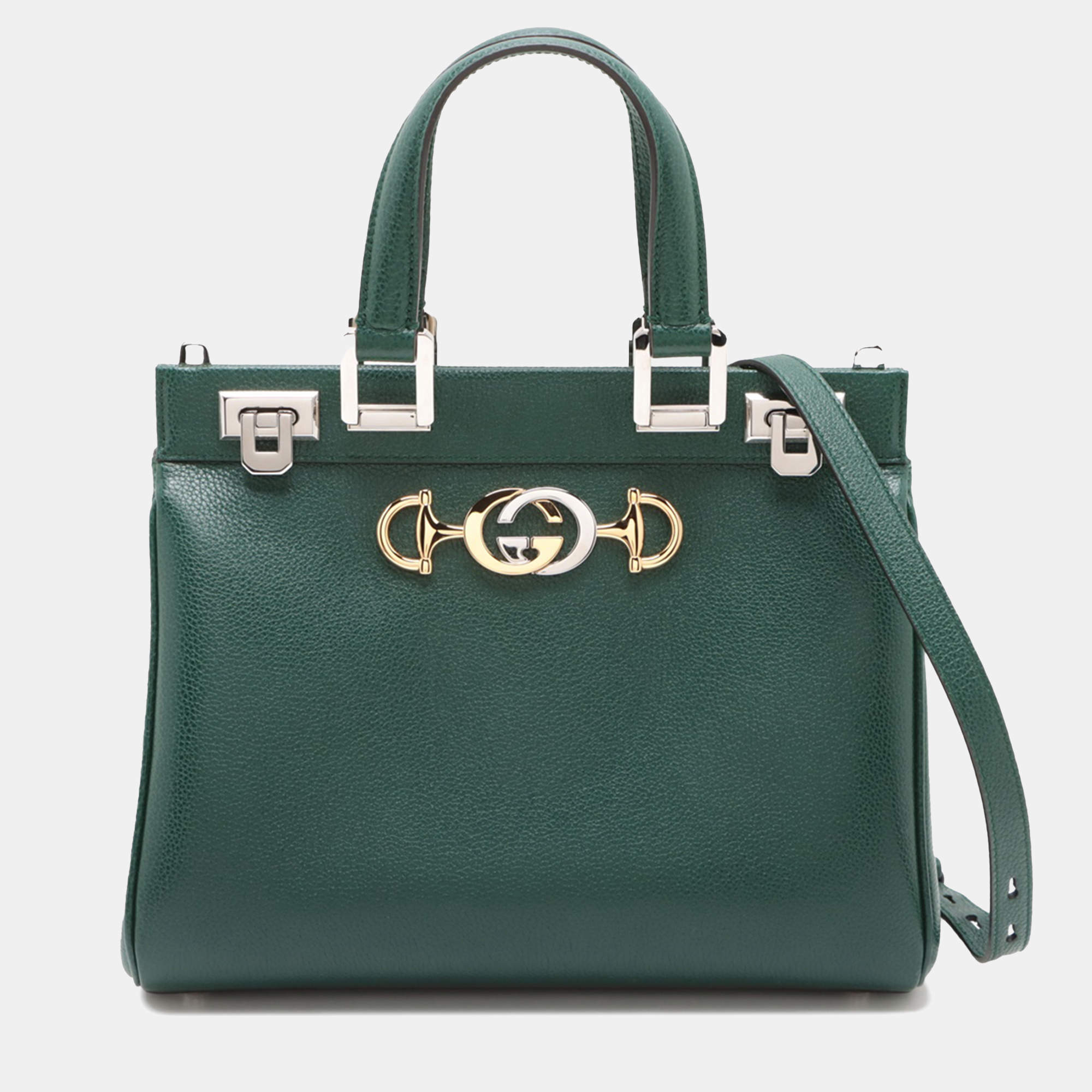 Pre Owned Gucci Green Small Grained Calfskin Zumi Top Handle Bag
