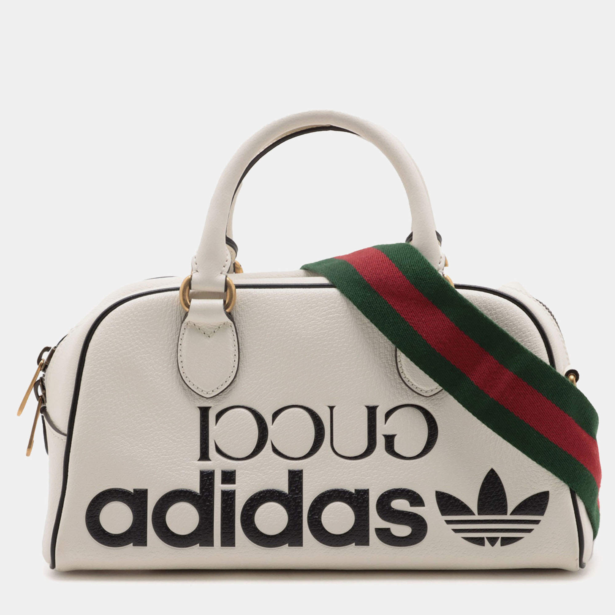 Pre Owned Gucci White Adidas Mini Textured Dollar Calfskin Logo Web Duffle Bag