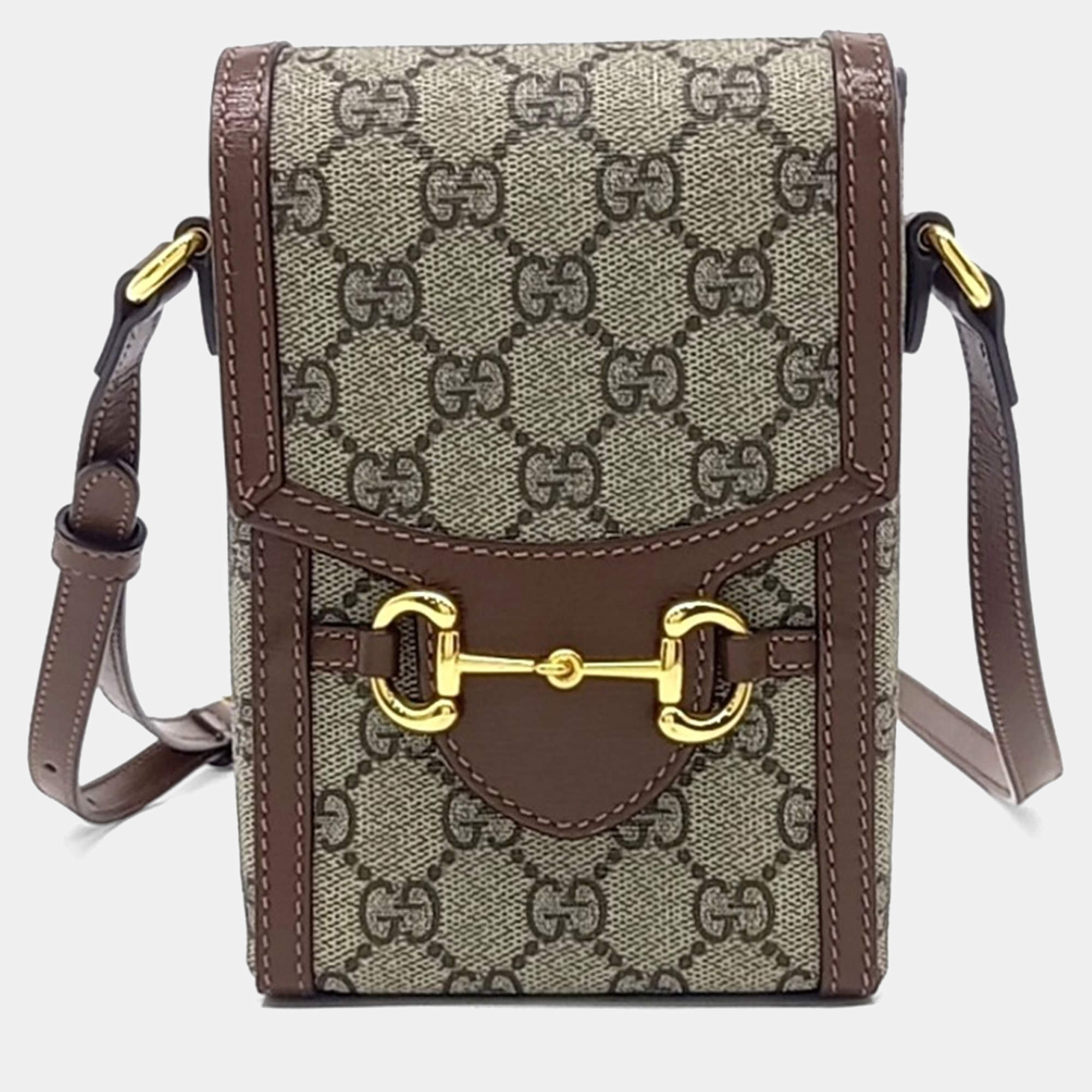 Pre Owned Gucci Beige Brown PVC Horsebit 1955 Mini Bag