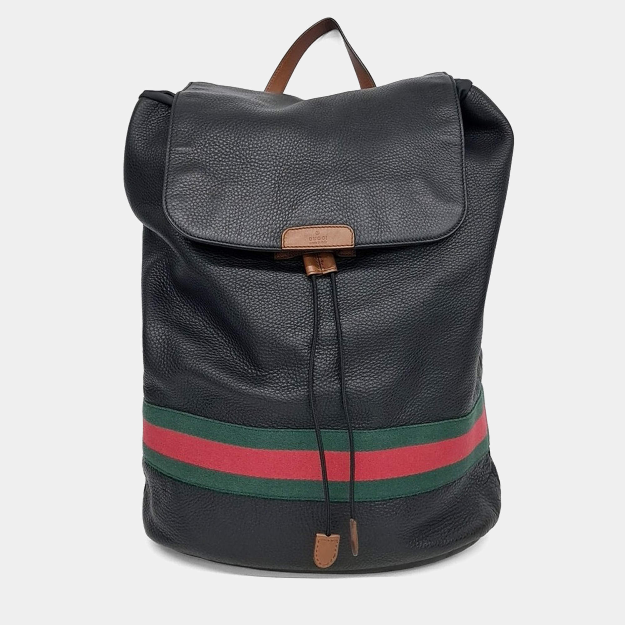 Pre Owned Gucci Black Leather Tricolor Backpack