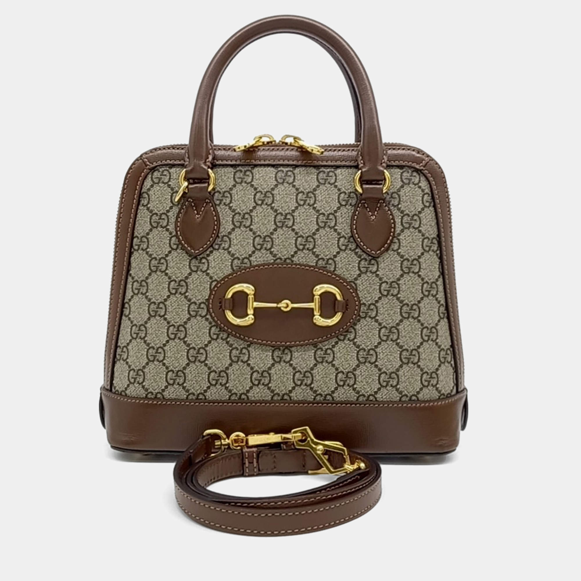 Pre Owned Gucci Brown Coated Canvas and Leather 1955 Horsebit Top Handle Bag Small