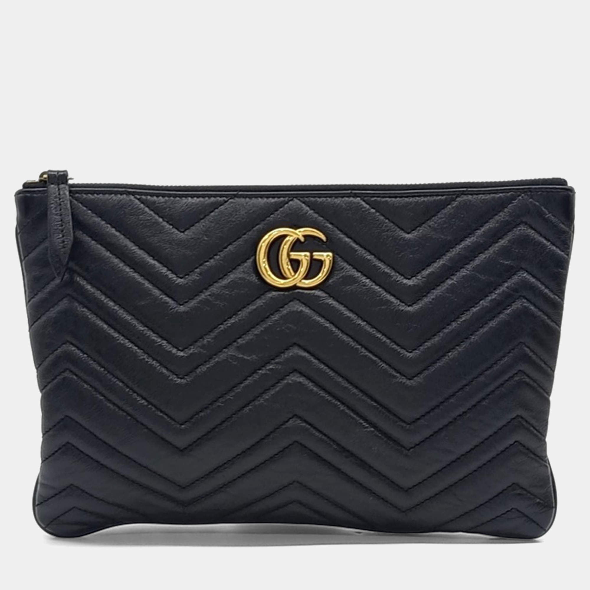 Pre Owned Gucci Black Leather GG Marmont Clutch
