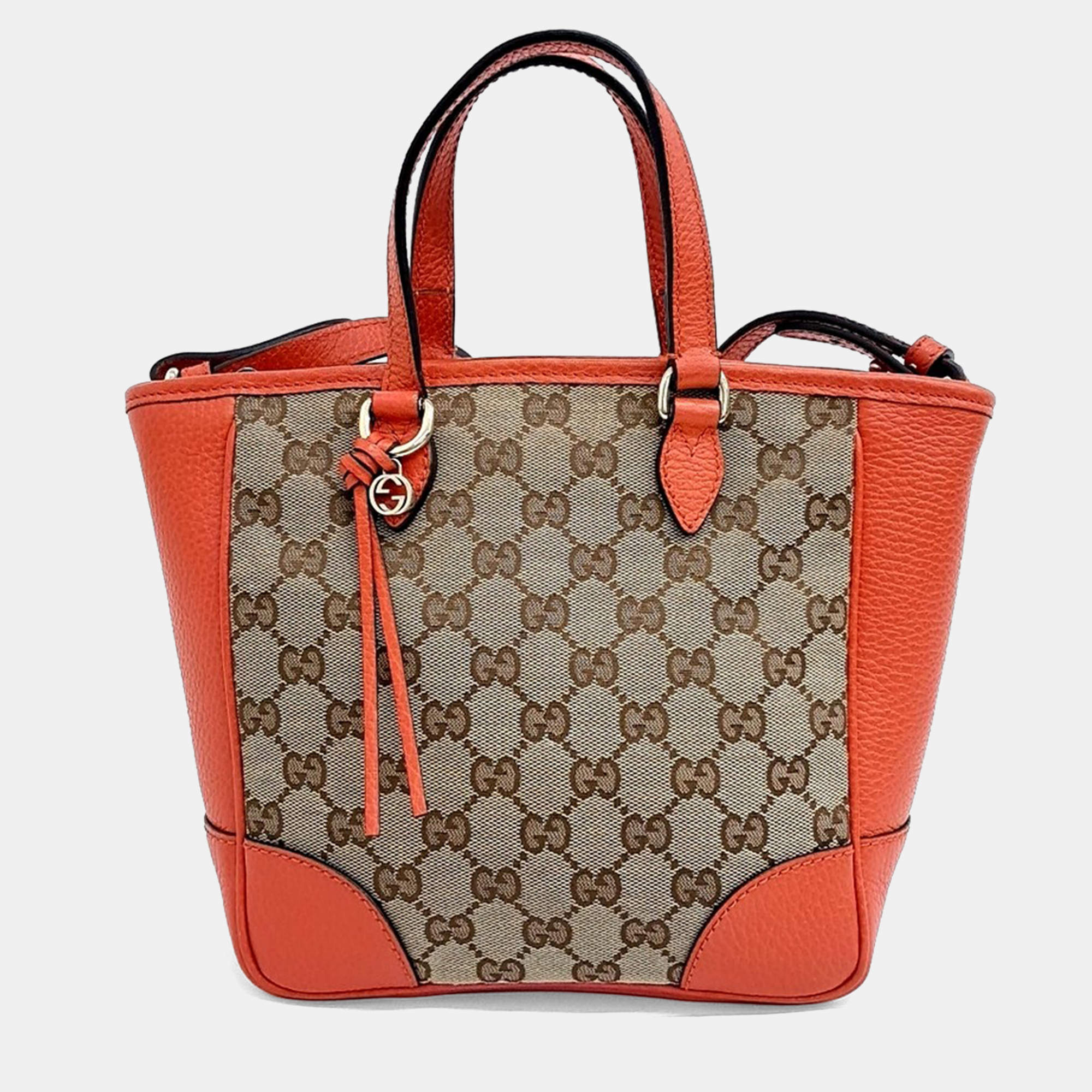 Pre Owned Gucci Beige Orange Fabric Jacquard Tote and Shoulder Bag