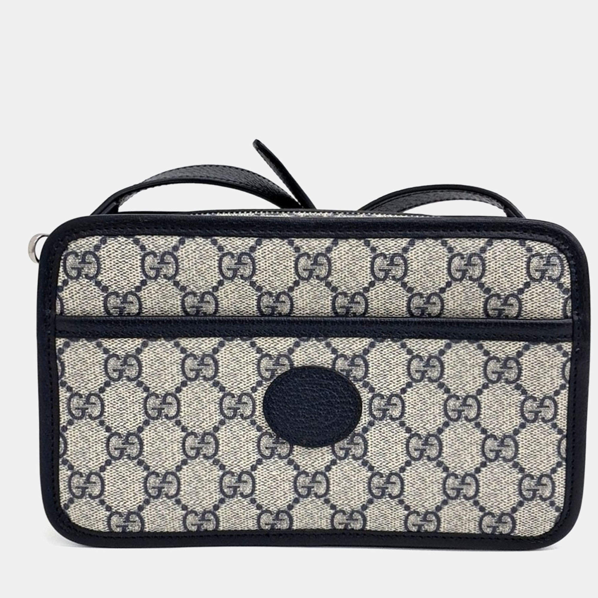 Pre Owned Gucci Beige Navy Blue PVC Interlocking Supreme Mini Crossbody Bag