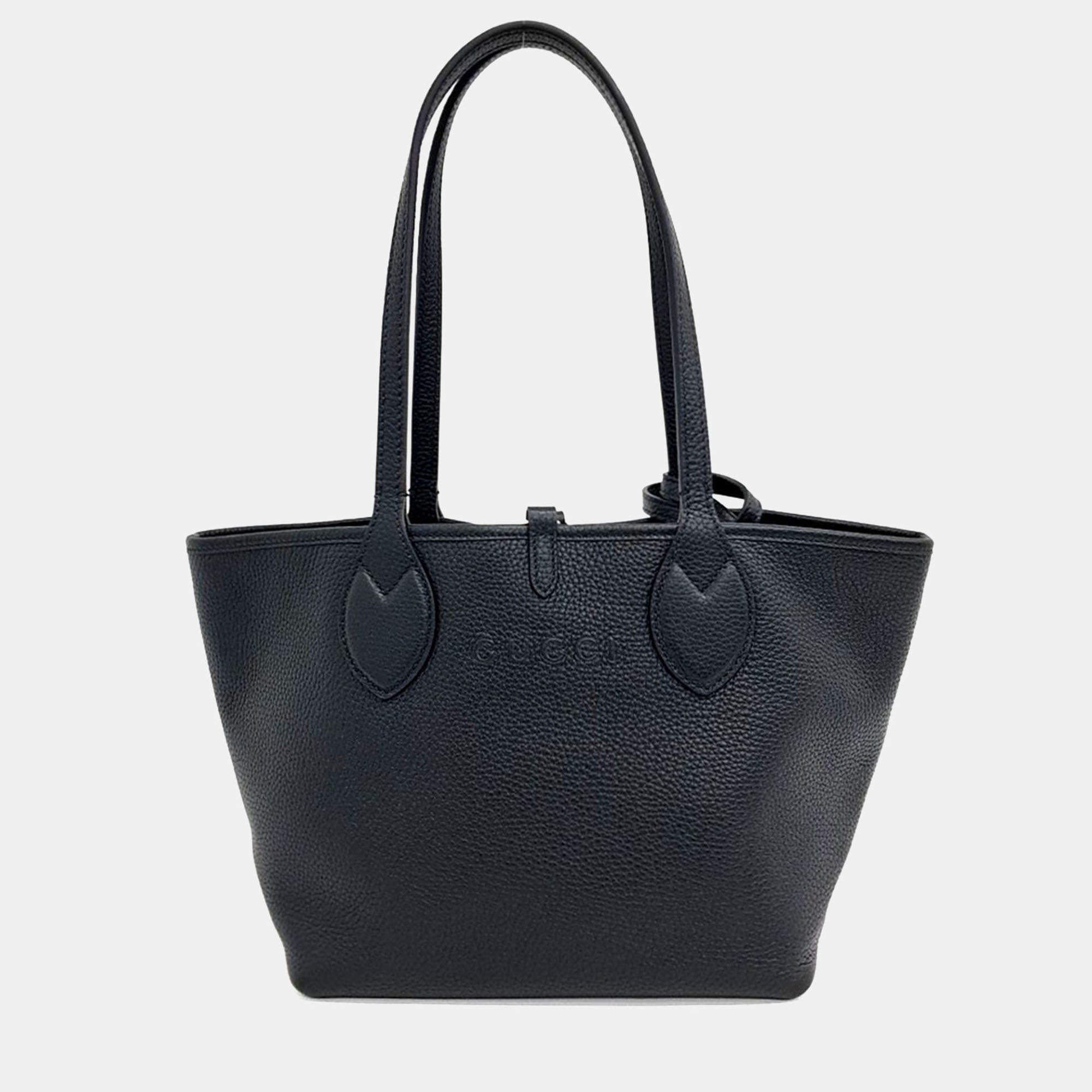 Pre Owned Gucci Black Leather Tortissima Reversible Tote Bag Small