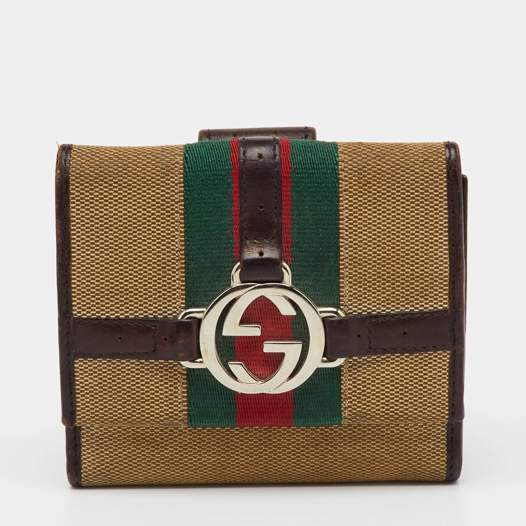 Pre Owned Gucci Beige/Brown Canvas and Leather Web GG Reins Compact Wallet