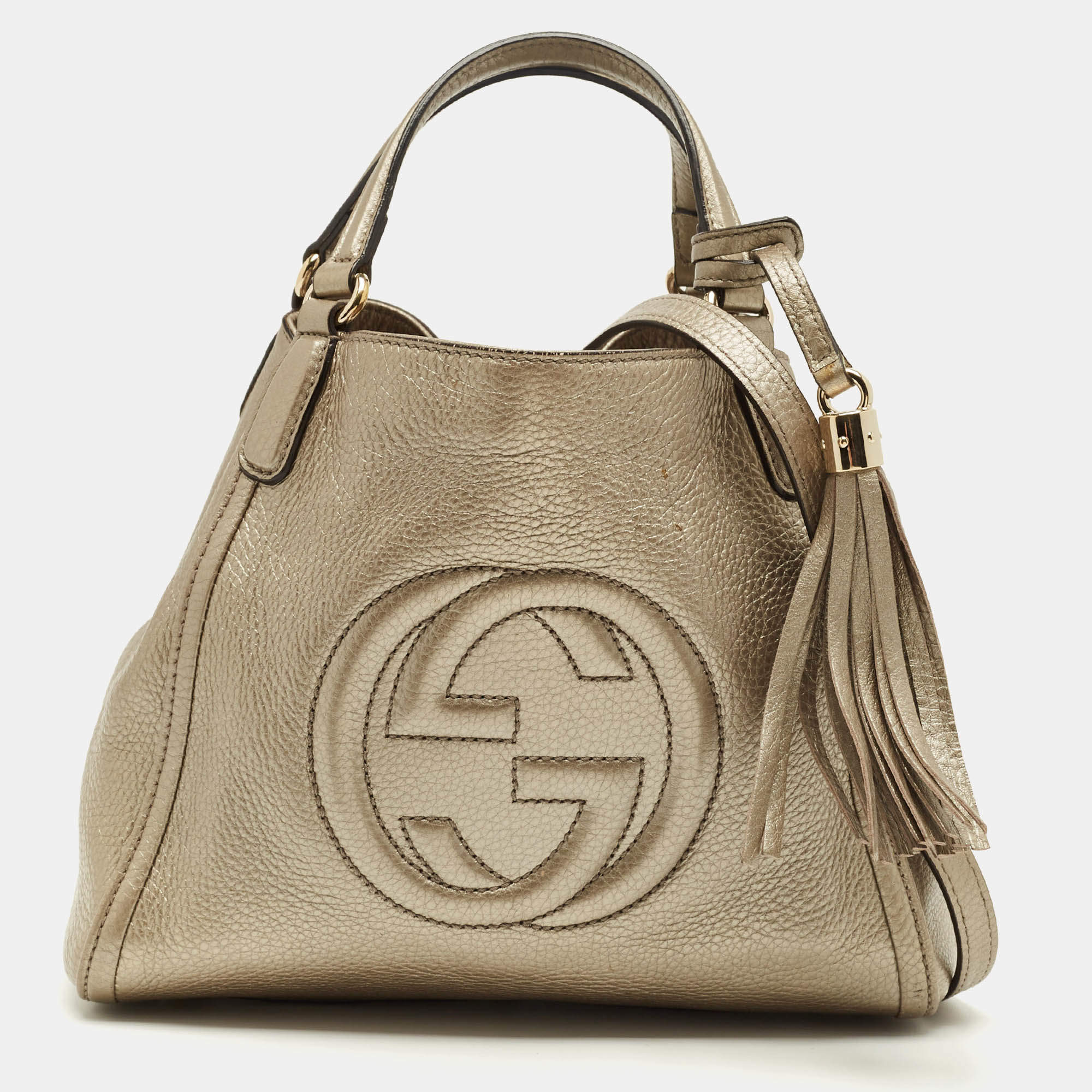 Pre Owned Gucci Metallic Beige Leather Small Soho Tote