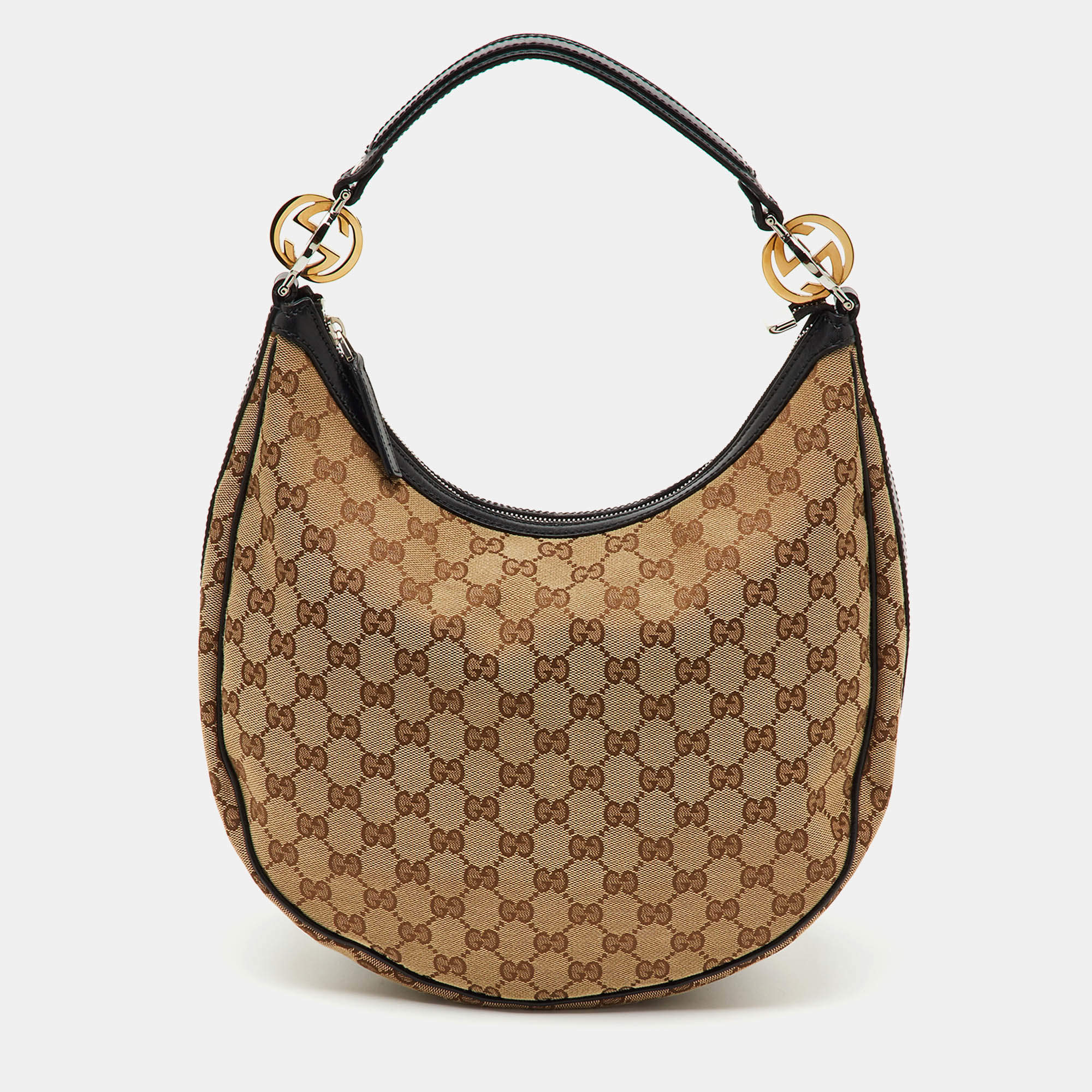 Pre Owned Gucci Beige/Black GG Canvas and Leather GG Twins Medium Hobo