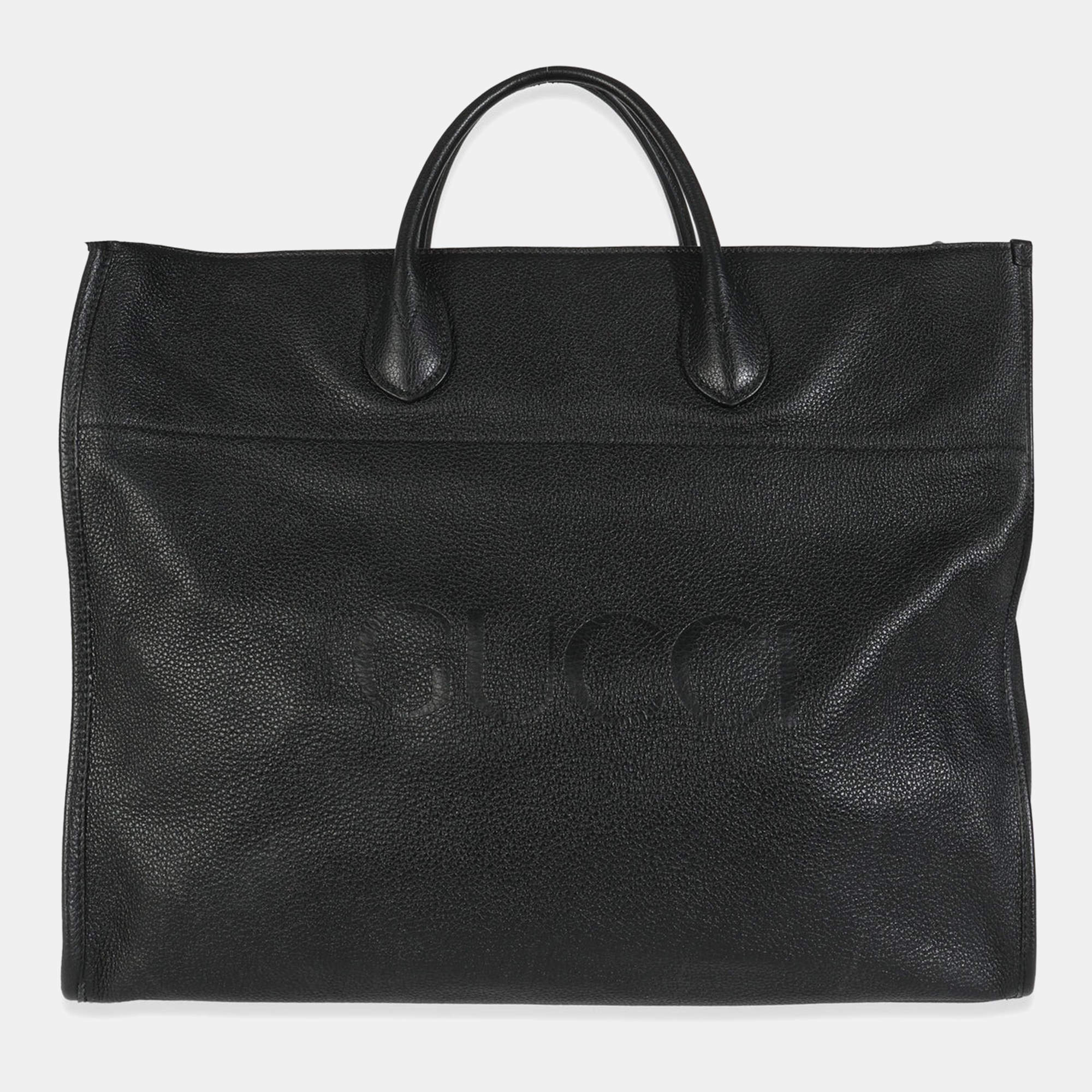 Pre Owned Gucci Black Pebbled Leather Large Logo Tote Bag