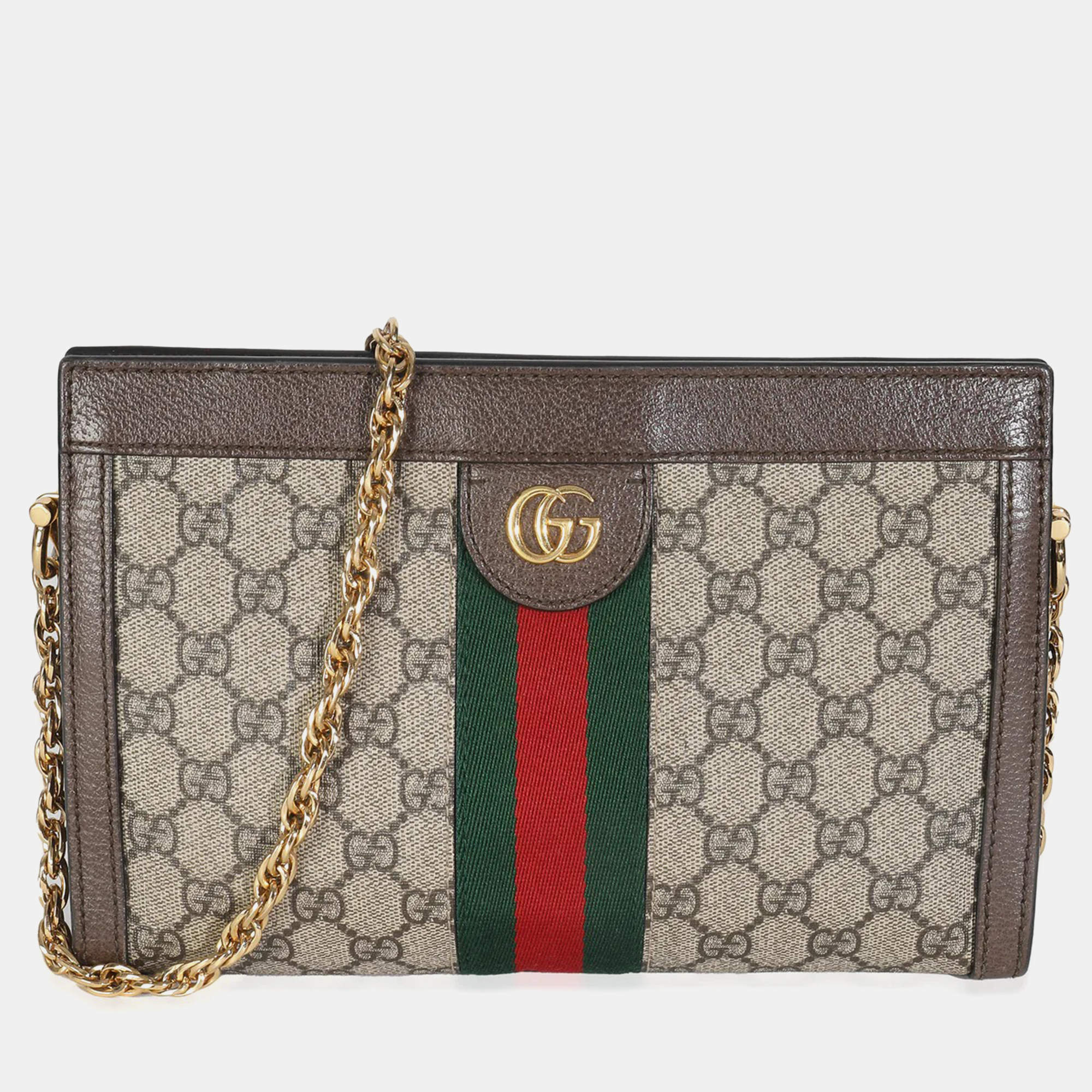 Pre Owned Gucci Beige GG Supreme Canvas Small Ophidia Web Chain Bag