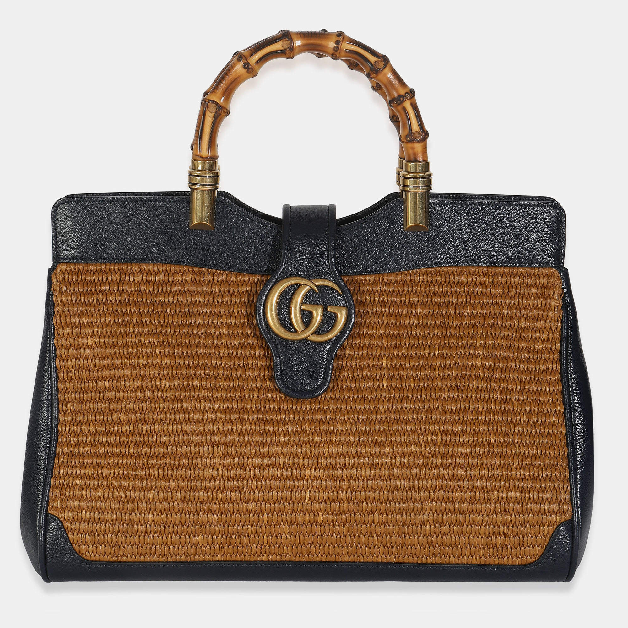 Pre Owned Gucci Dark Natural Blue Straw Lux New Sakai Calfskin Lux Medium Dahlia Bamboo Bag