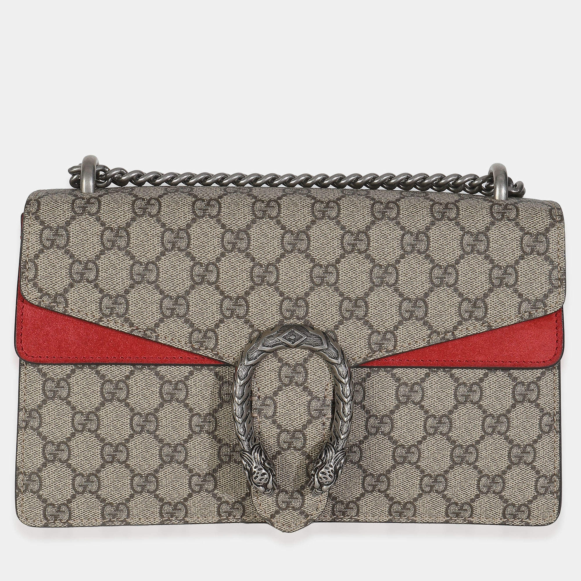 Pre Owned Gucci Red Beige GG Supreme Monogram Medium Dionysus Shoulder Bag