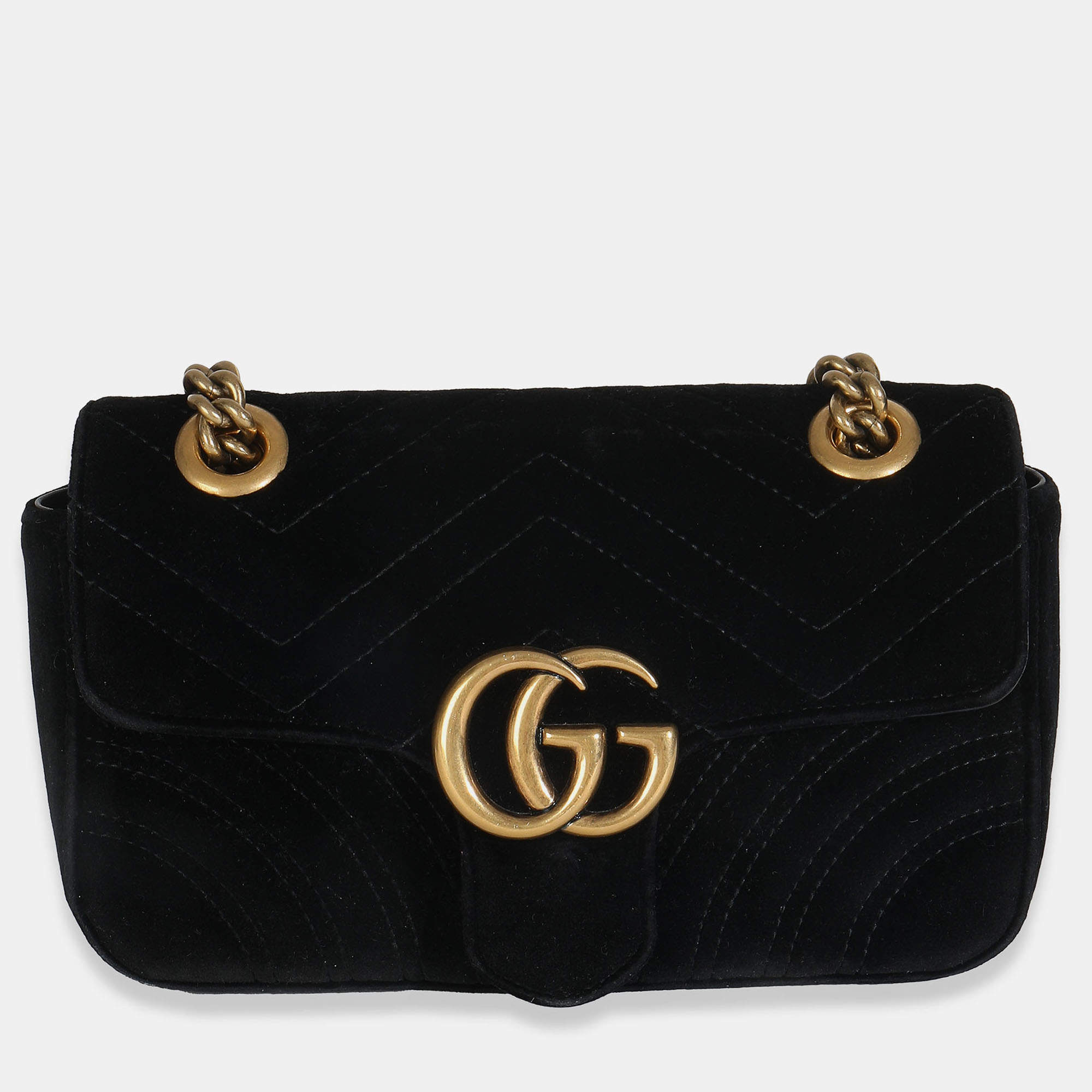 Pre Owned Gucci Black Velvet Matelasse Mini GG Marmont Shoulder Bag